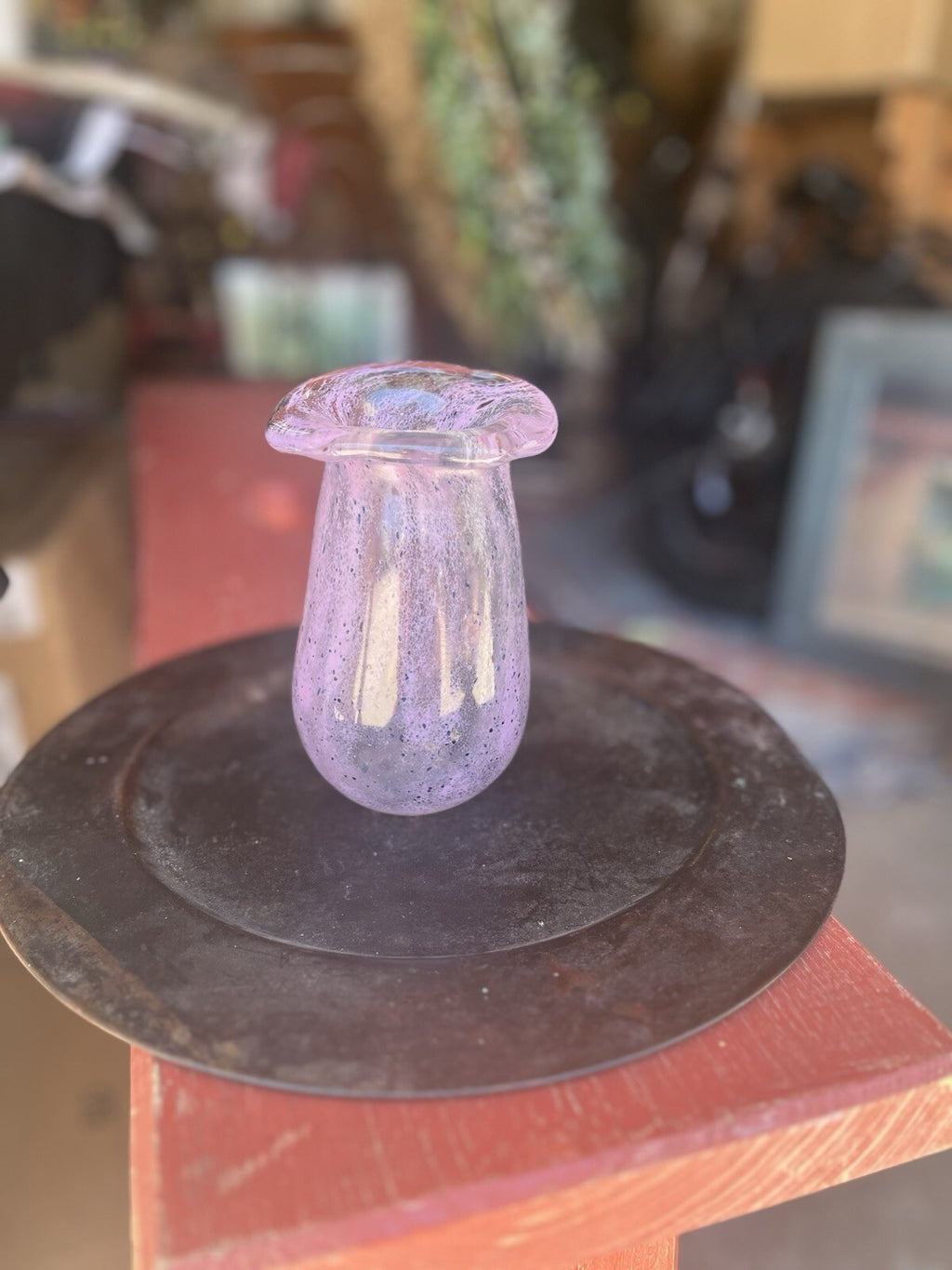 Hand Blown 6” Alexandrite Bubble Glass Vase Pinched Sides Flared Threaded Rim