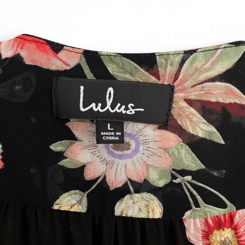 Lulus Awakened Black Floral Print Chiffon Maxi Wrap Dress.  Size Large