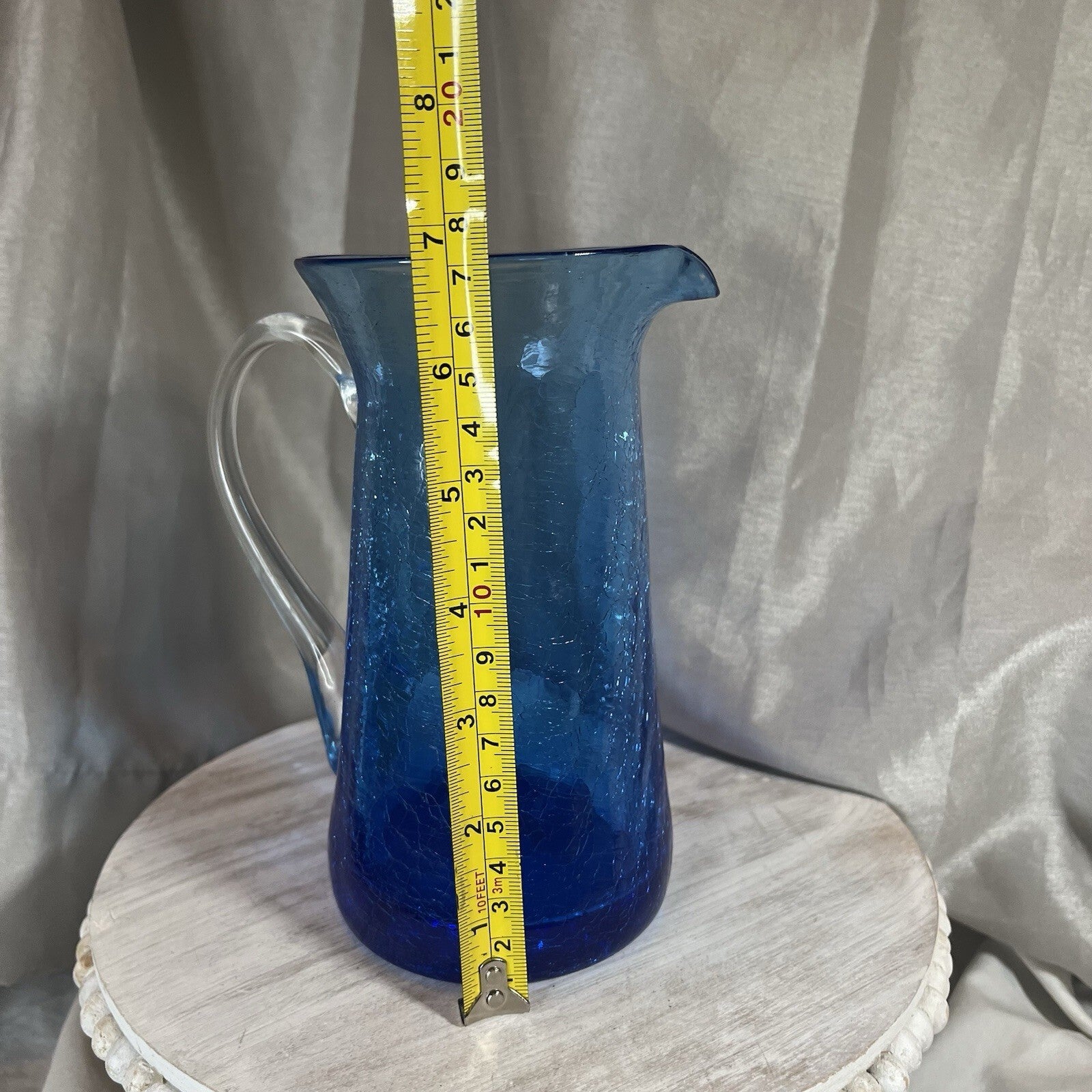 Vintage Blue Crackle Glass Small Pitcher Vase Hand Blown w/ Applied Handle