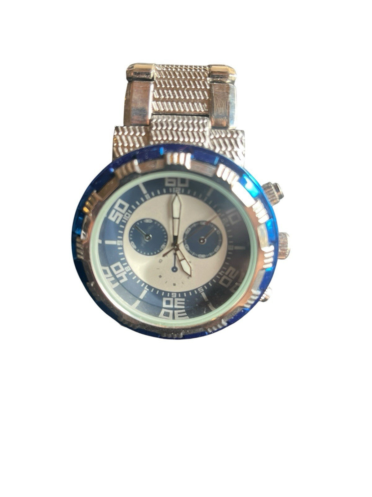 Blue Silver Tone Round Case Stainless Steel Band Watch 7.5 Inch ***Needs Battery