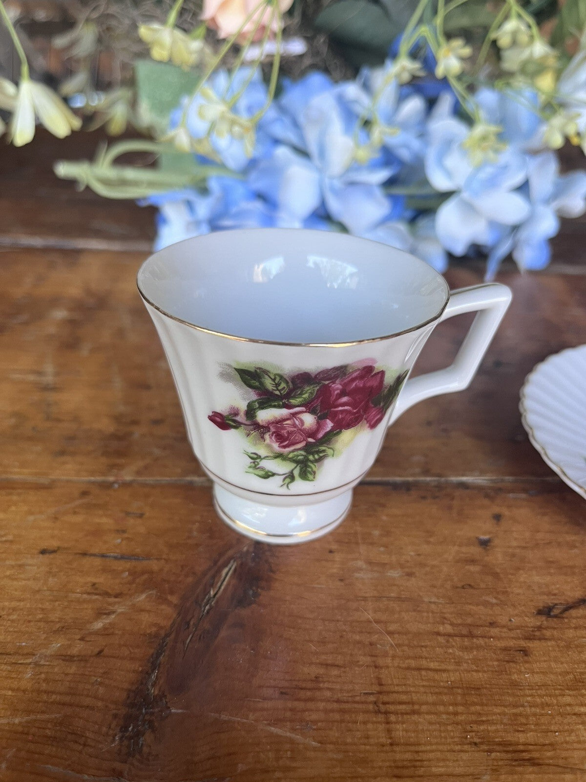 Vintage Porcelain Tea Cup & Saucer Set 2-Piece White Pink Floral Decor