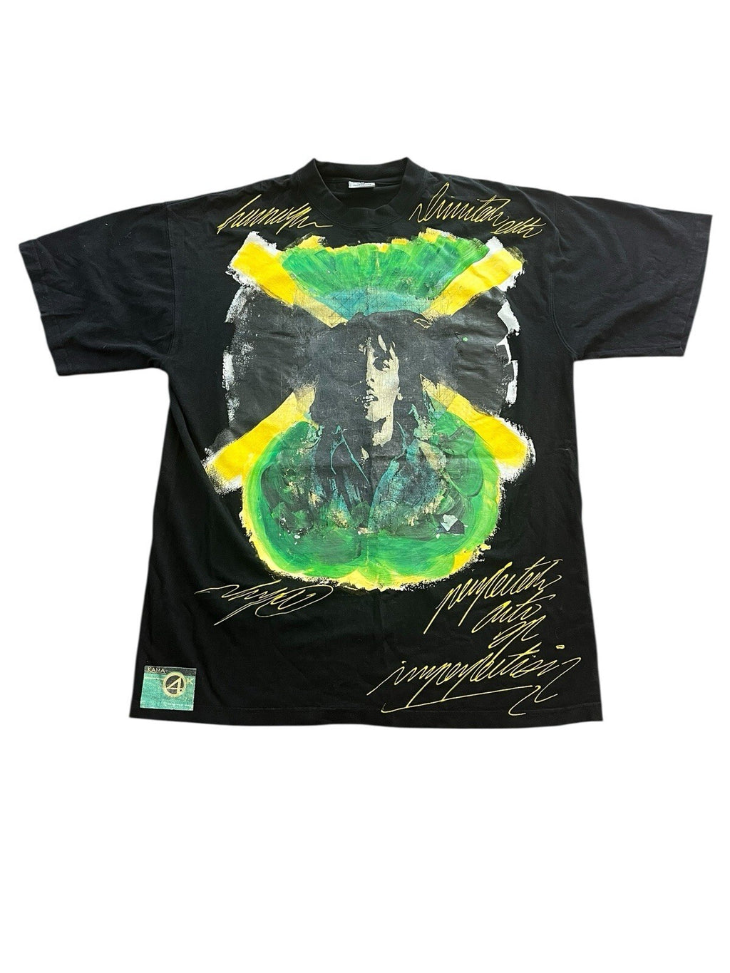 Bob Marley graphic T-shirt.Jamaican flag design and yellow writing. Hand Painted