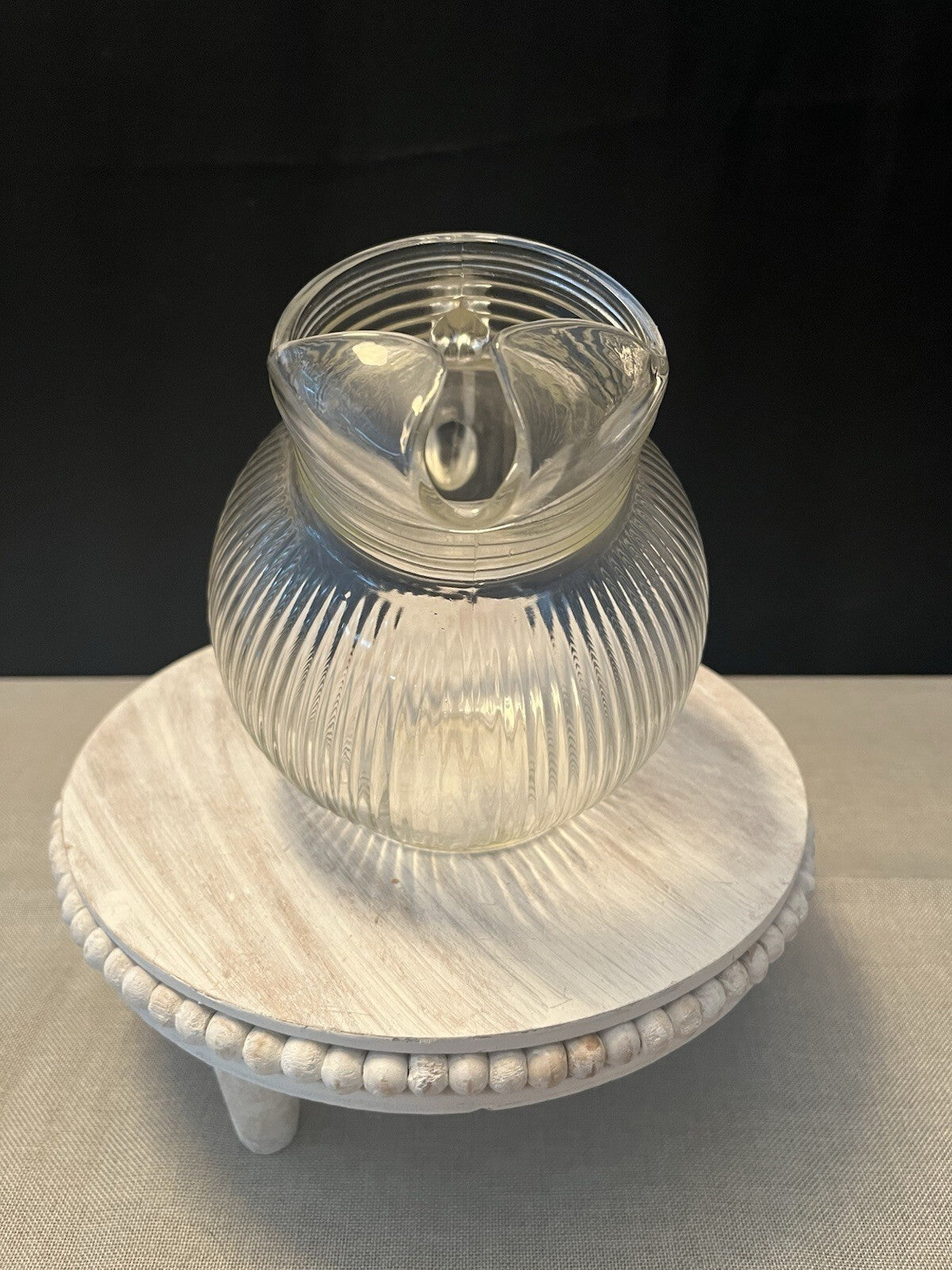 Vintage Hazel Atlas Clear Ribbed Tilted Ball Pitcher Glass w/ Ice Lip