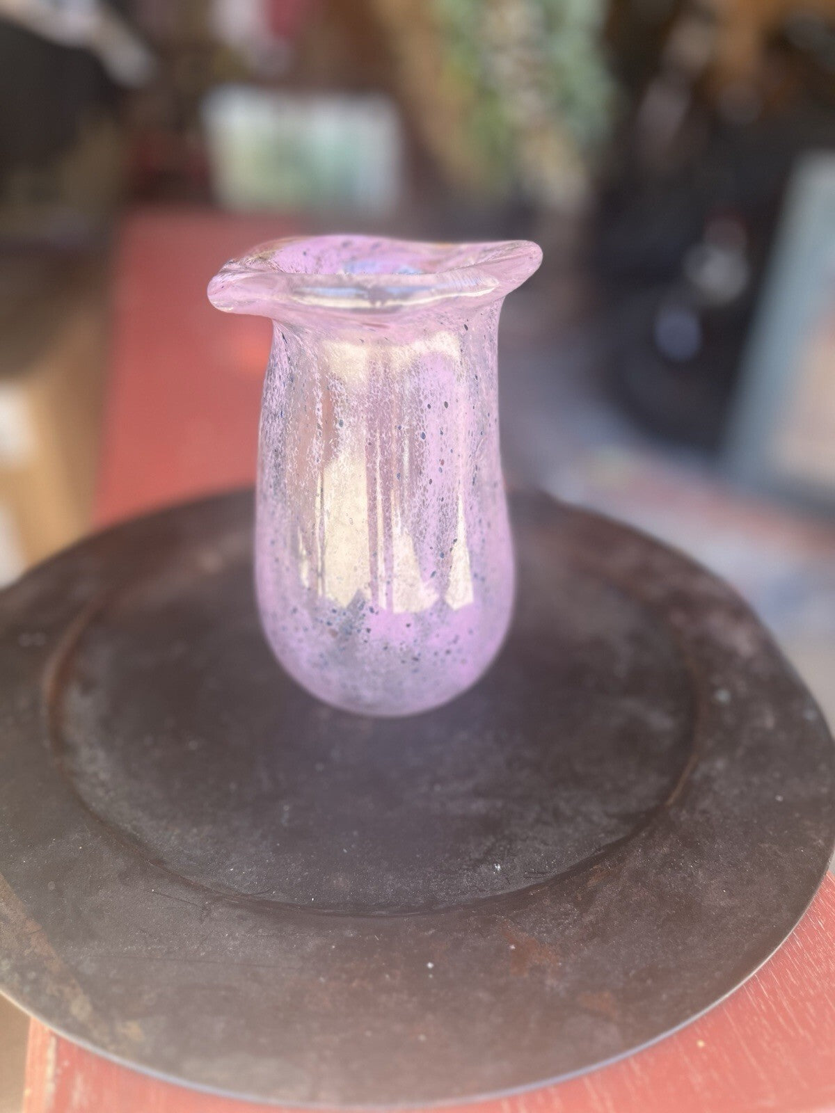 Hand Blown 6” Alexandrite Bubble Glass Vase Pinched Sides Flared Threaded Rim