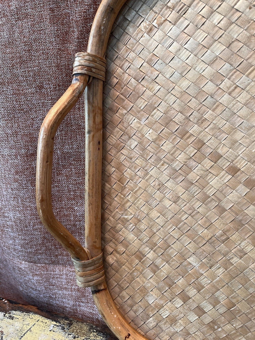 Vintage square cane and wicker serving tray with handles circa 1970s Rattan
