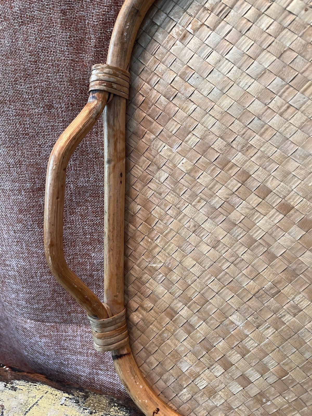 Vintage square cane and wicker serving tray with handles circa 1970s Rattan