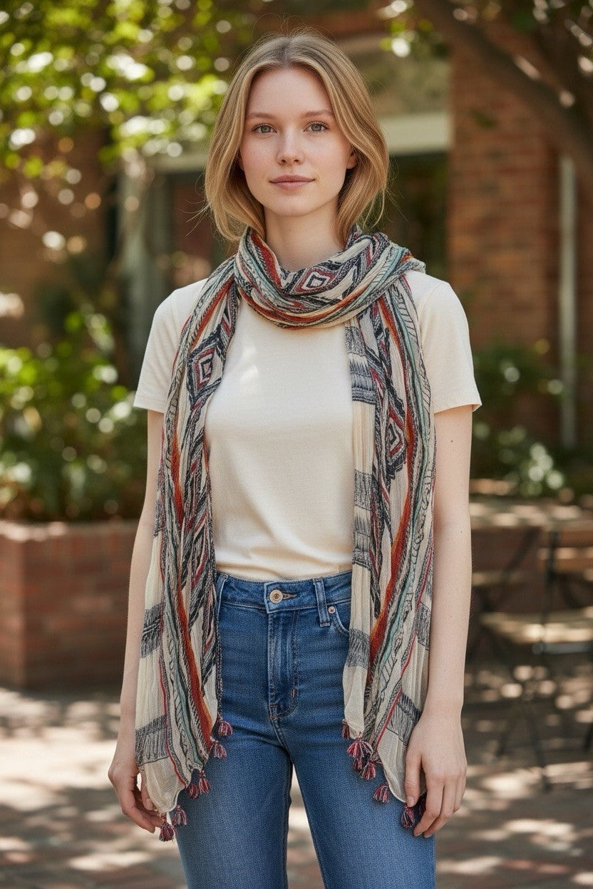 LUCKY BRAND Women's Deco Scarf. Multicolored With Tassels.