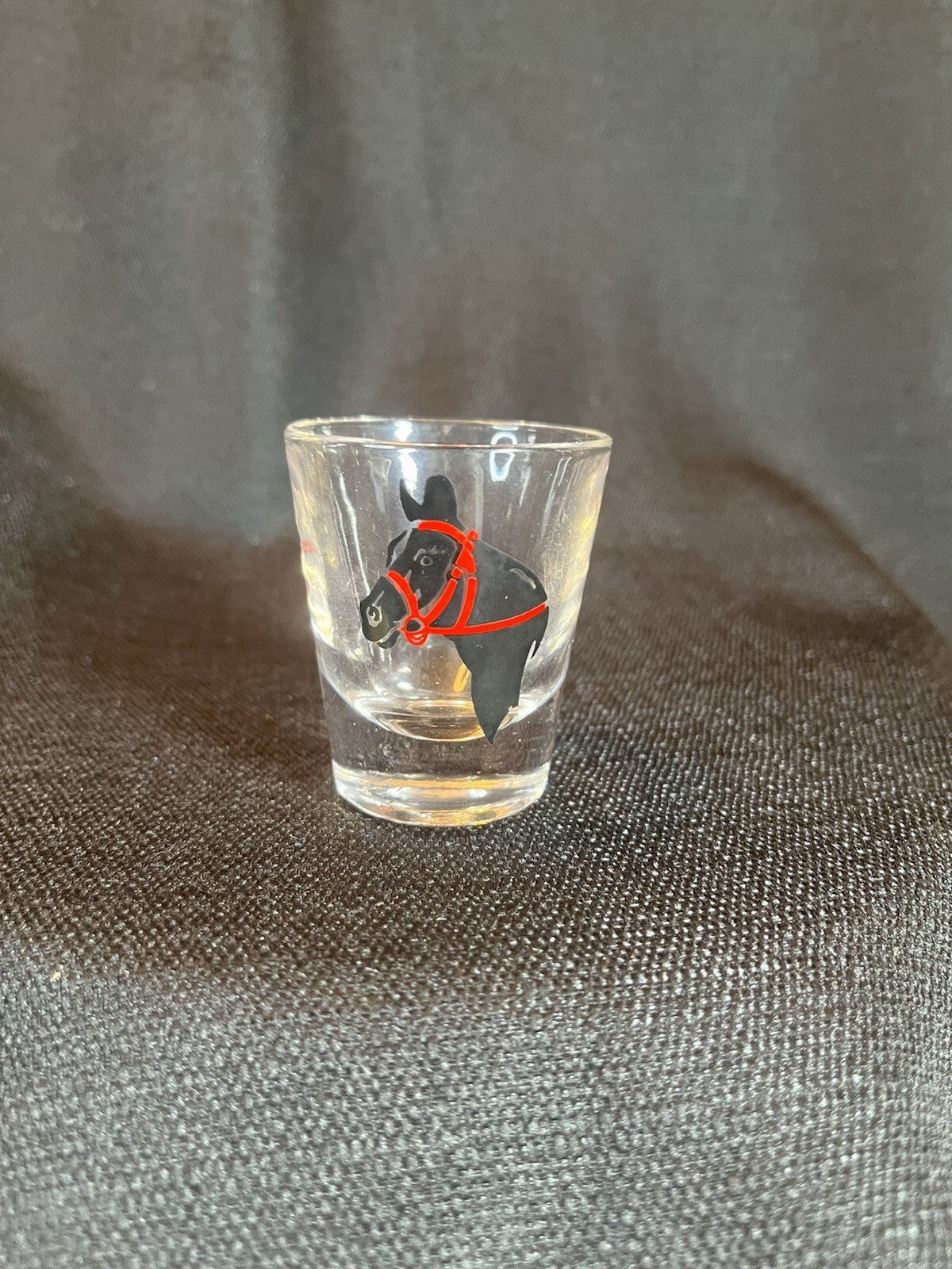 VTG 1oz Shot Glass Black Horse Head, Cap, Riding Crop & Stirrups Equestrian ACL