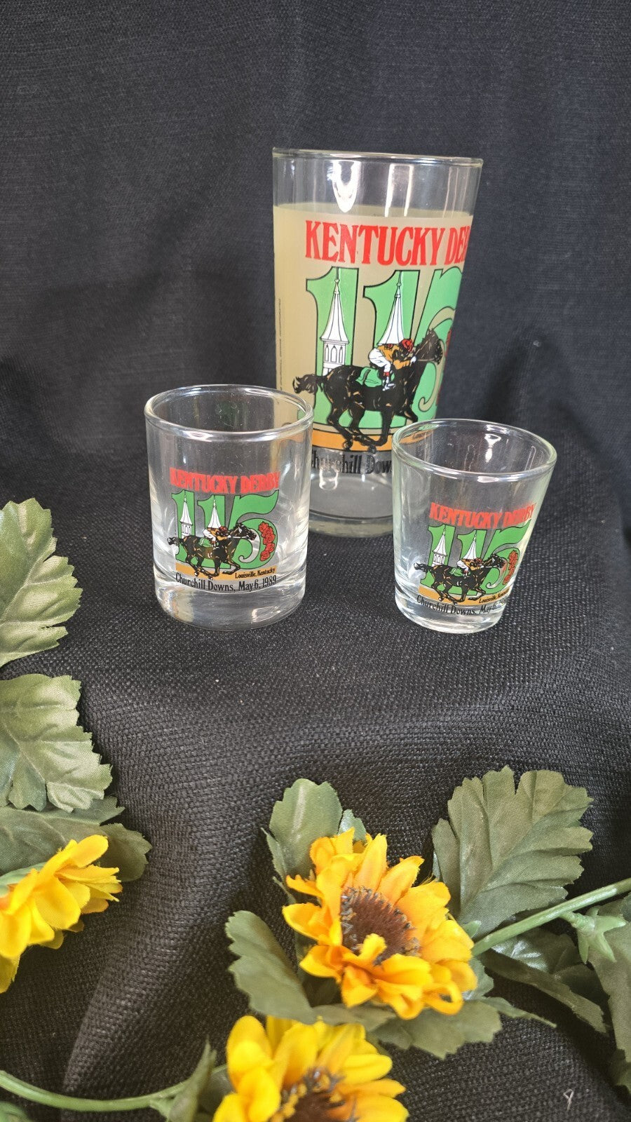 1989 Kentucky Derby 115 1.5 oz Shot Glass may 6 1989 Set Of 2 + 12oz Glass