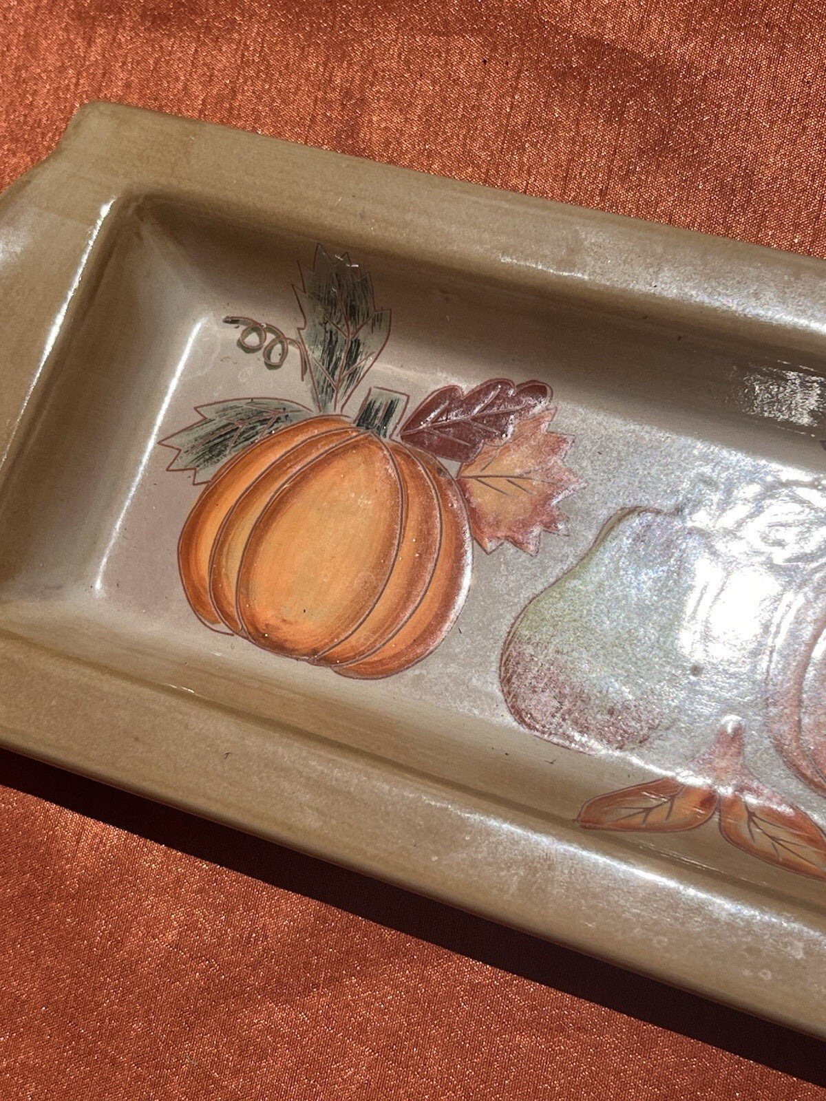 Ceramic Fall Autumn Design Serving Tray with Pumpkins, Gourds, Leaves & Acorns