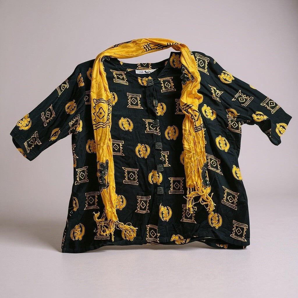 Geometric print tunic black and Gold With Matching Scarf.