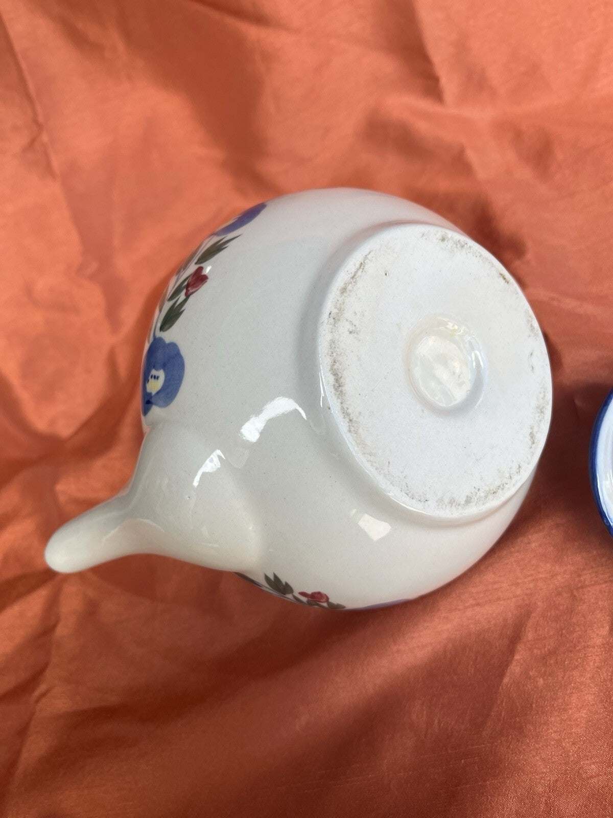 Vintage Designpac Ivory & Blue Stoneware Teapot W/Lid Handpainted Floral Pattern