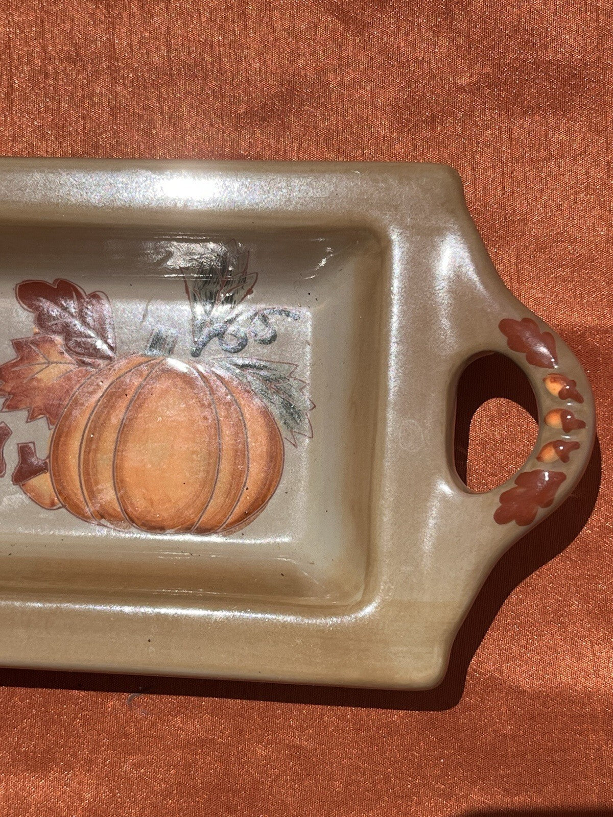 Ceramic Fall Autumn Design Serving Tray with Pumpkins, Gourds, Leaves & Acorns