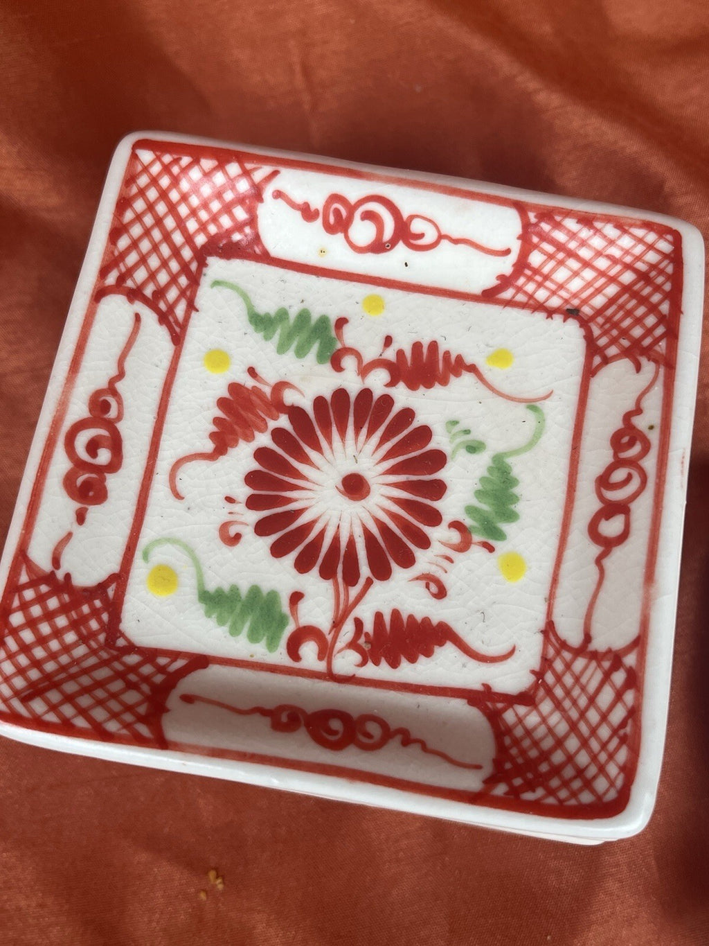 hand-painted Red And Green ceramic condiment set. Sake Bottle, Soy Sauce Server