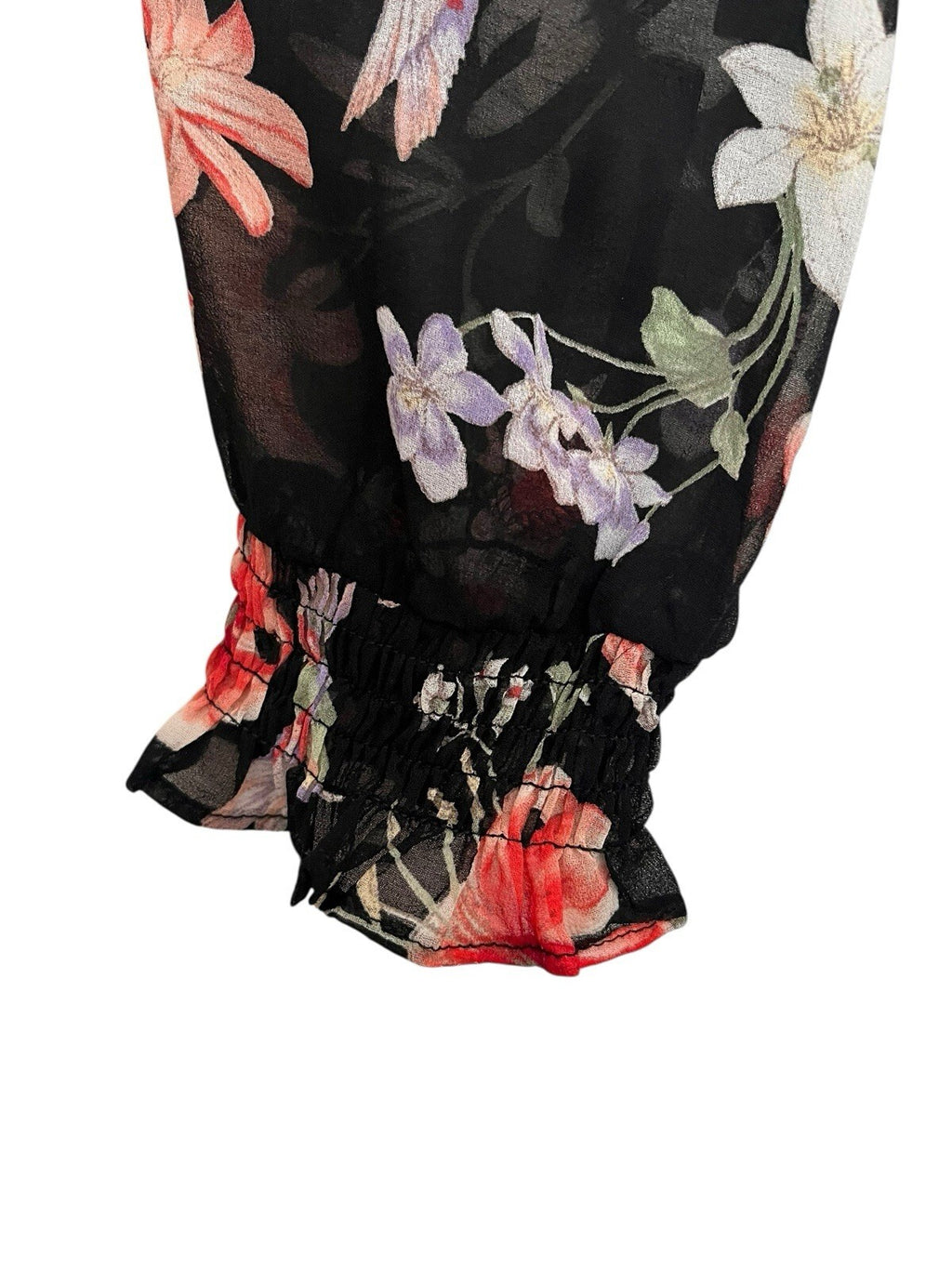 Lulus Awakened Black Floral Print Chiffon Maxi Wrap Dress.  Size Large