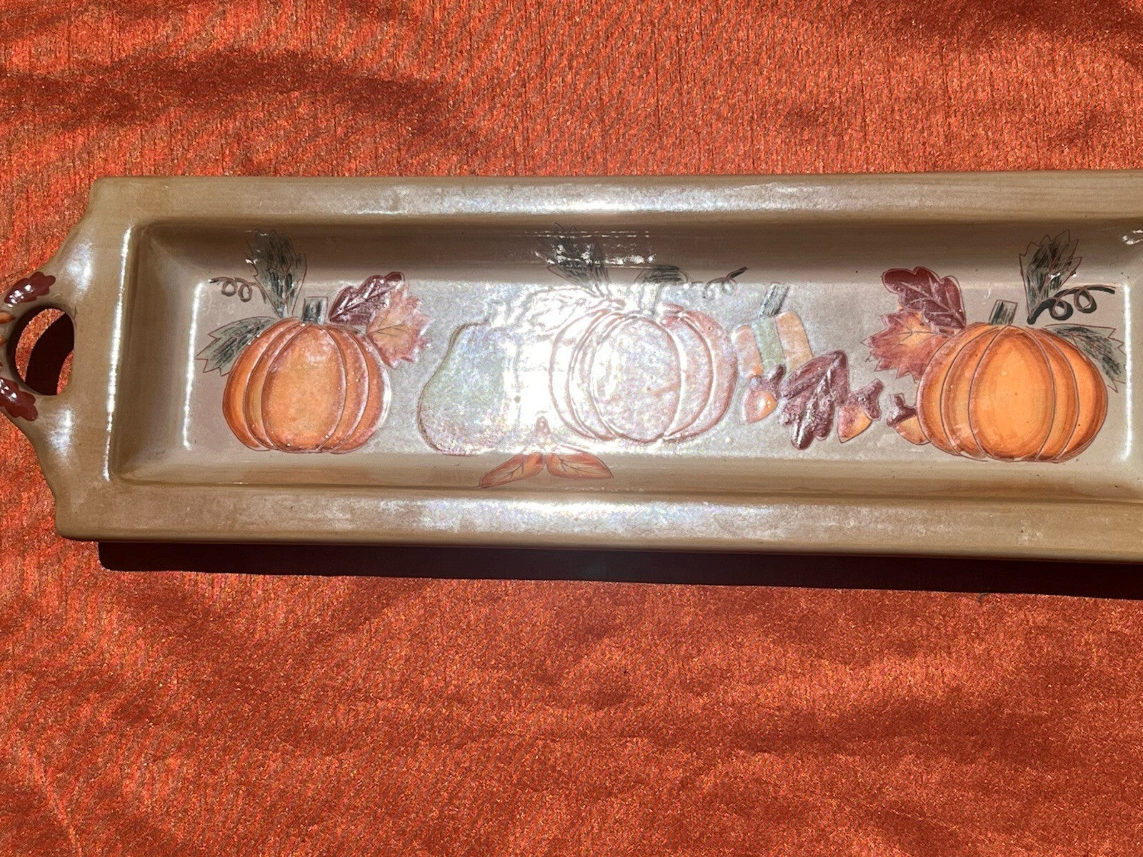 Ceramic Fall Autumn Design Serving Tray with Pumpkins, Gourds, Leaves & Acorns