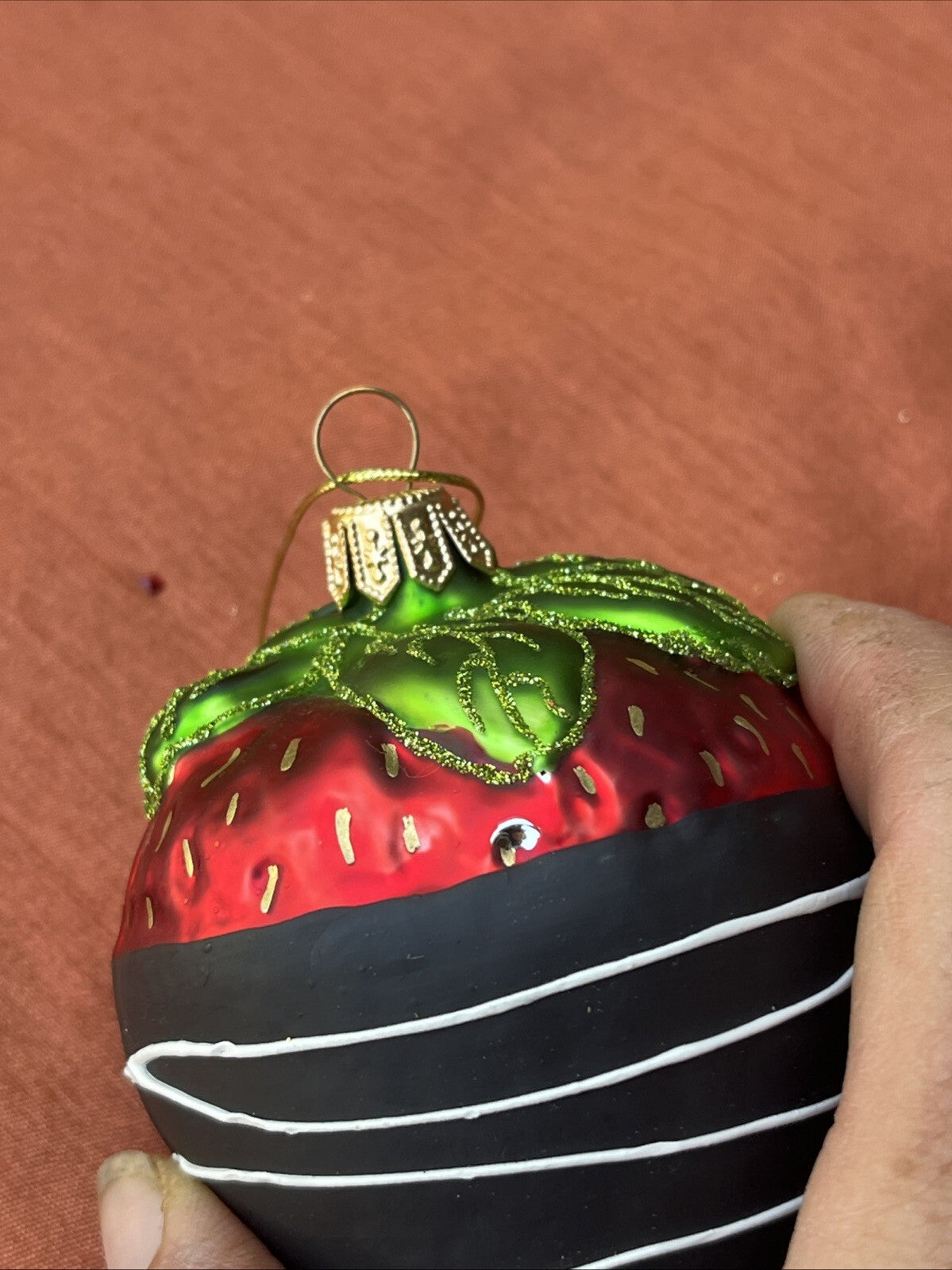 Vintage Glass STRAWBERRY Christmas Ornament Dark Chocolate Dipped. Sml Imprfct