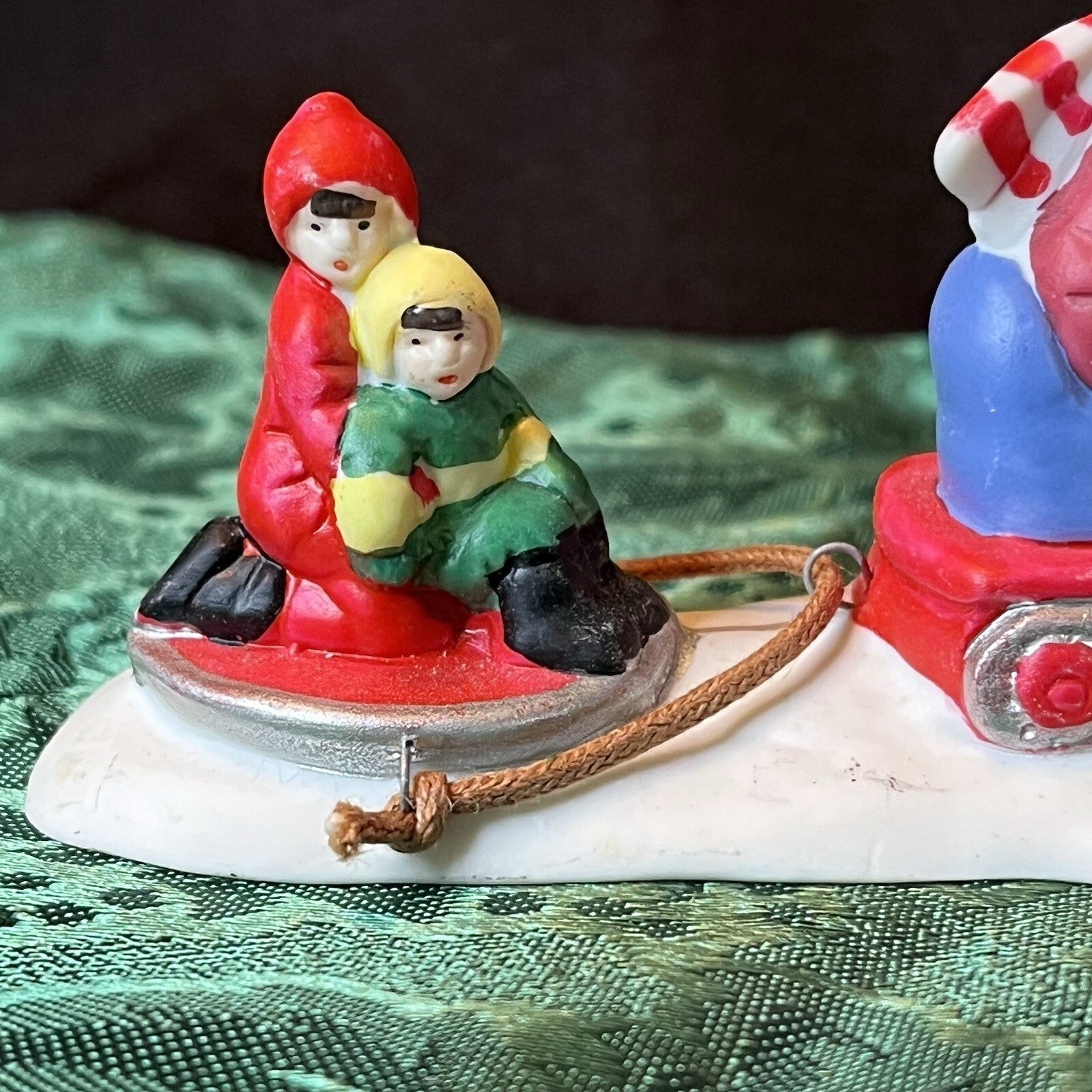 Mini Christmas Village Figurine Vintage 90s  Mom On Snowmobile With Kids