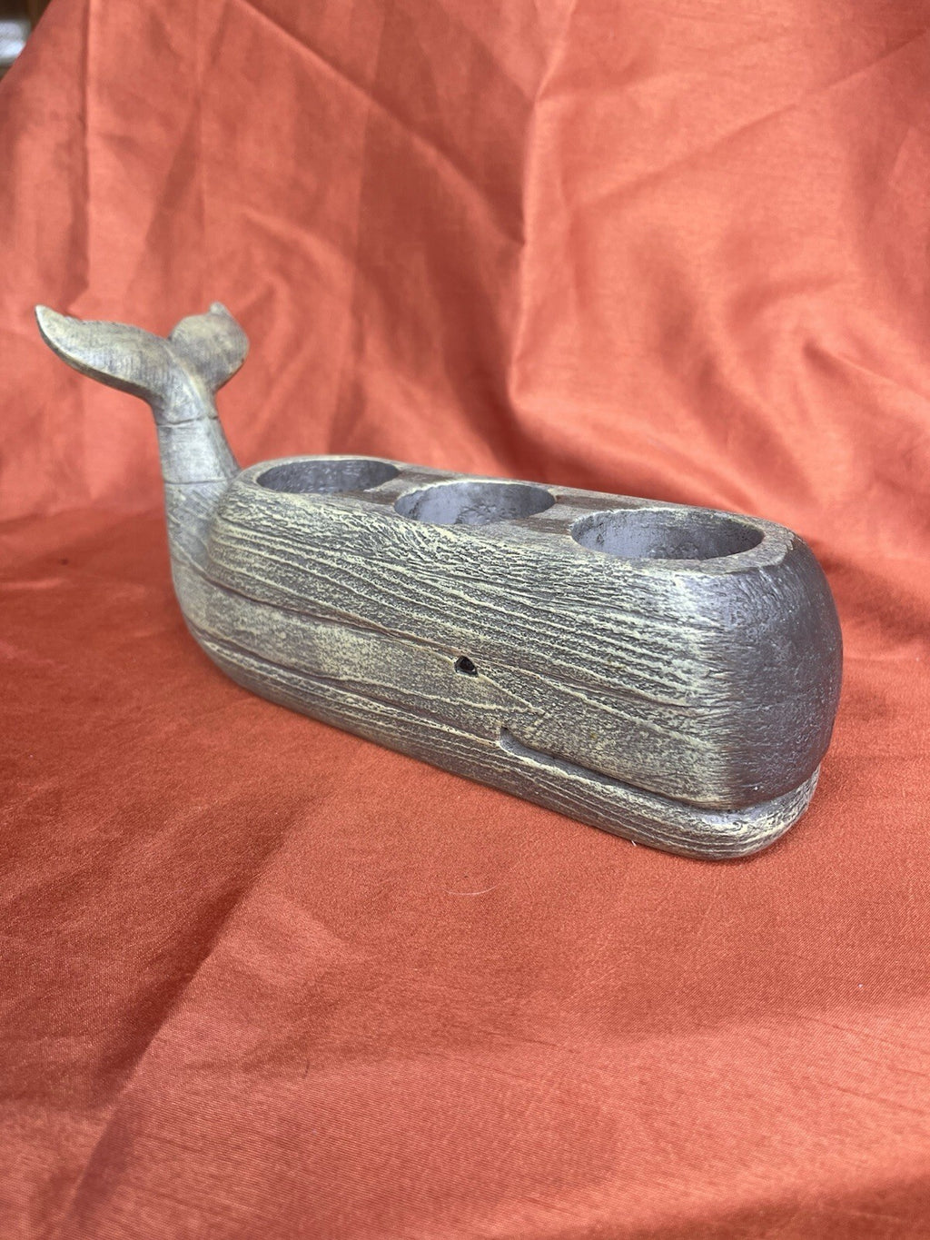 Distressed Wood Finish Resin Smiling Whale Three Hole Tealight Candle Holder
