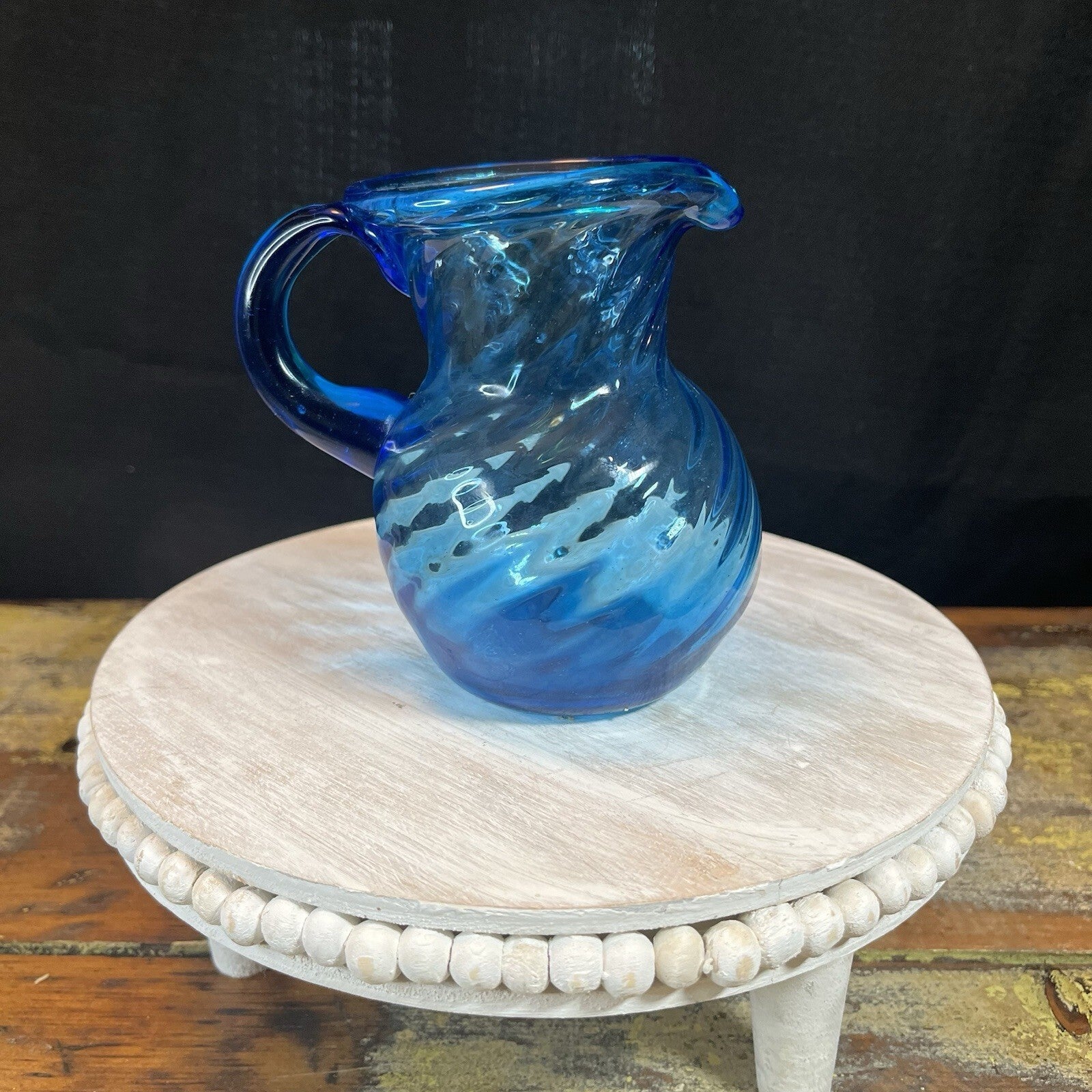 Vintage Cobalt Blue Pitcher Vase Hand Blown  Glass c1950's Small 5”