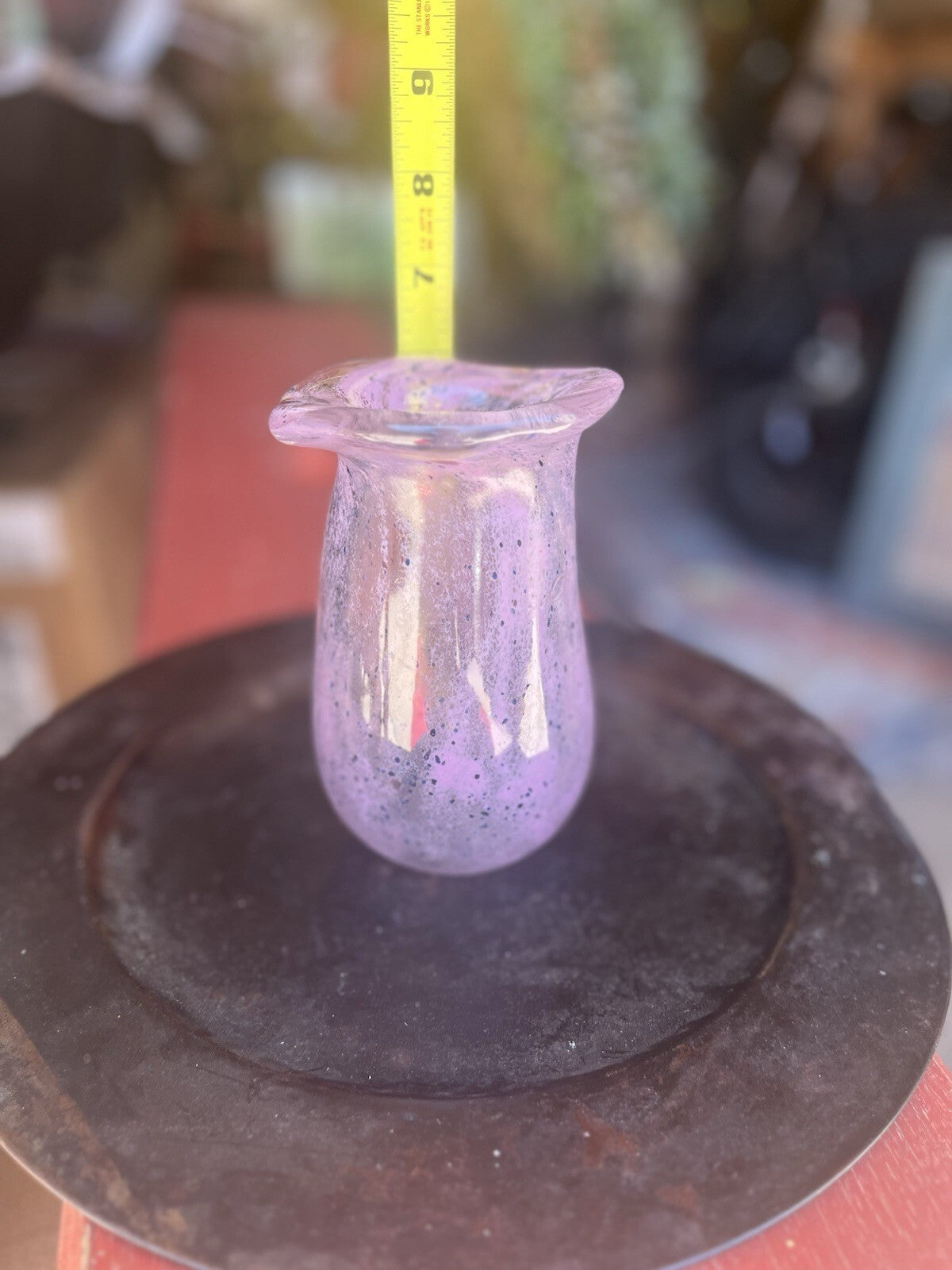 Hand Blown 6” Alexandrite Bubble Glass Vase Pinched Sides Flared Threaded Rim