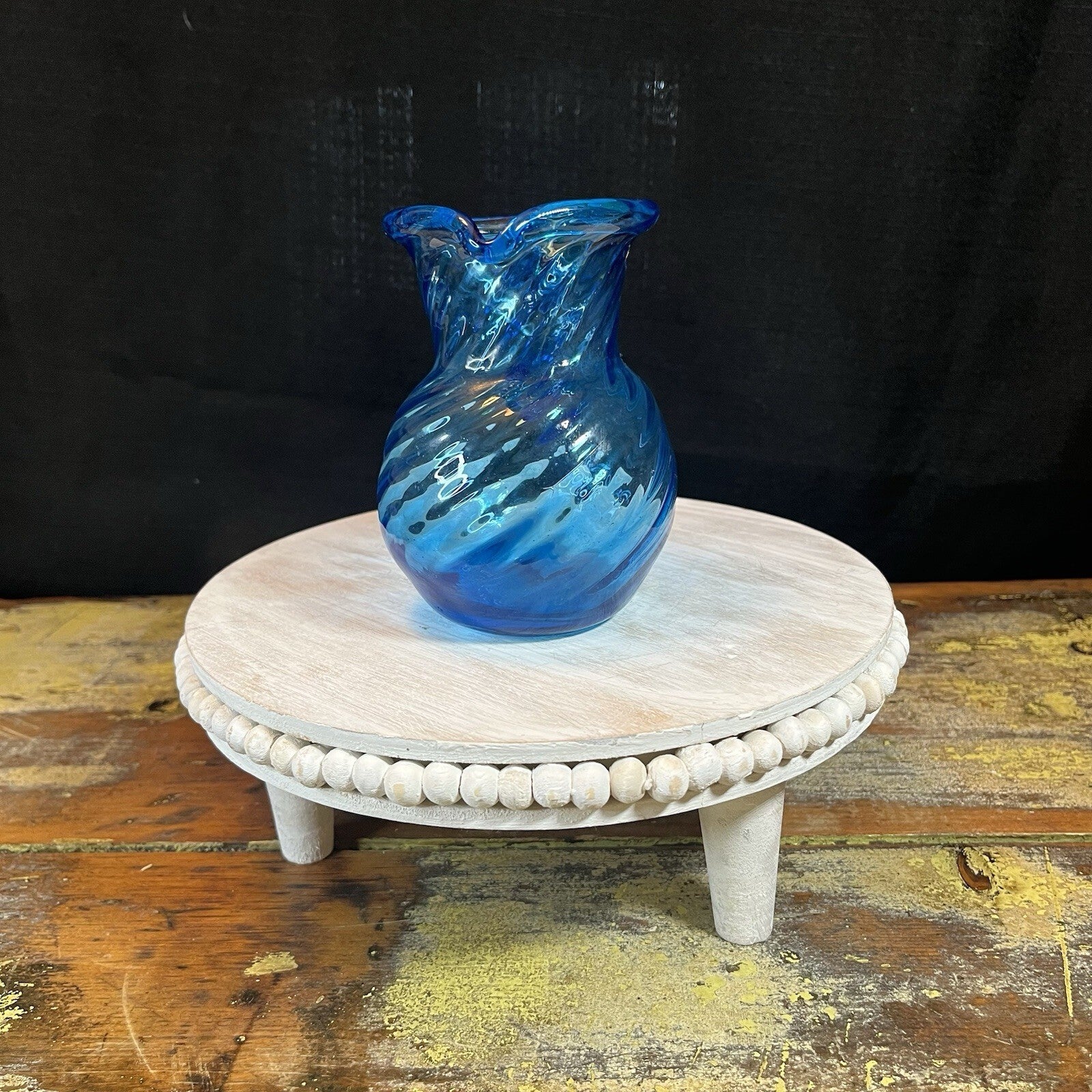 Vintage Cobalt Blue Pitcher Vase Hand Blown  Glass c1950's Small 5”