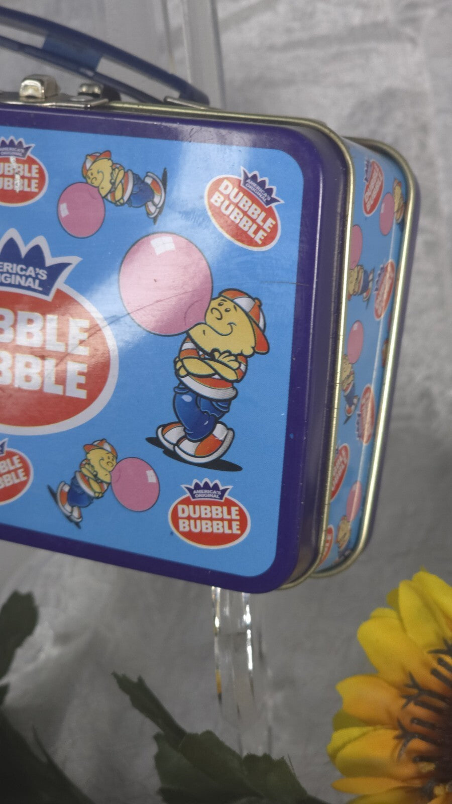 VTG Blue Mini Dubble Bubble Gum Logo Tin Metal Lunch Box Gold Interior  ✔