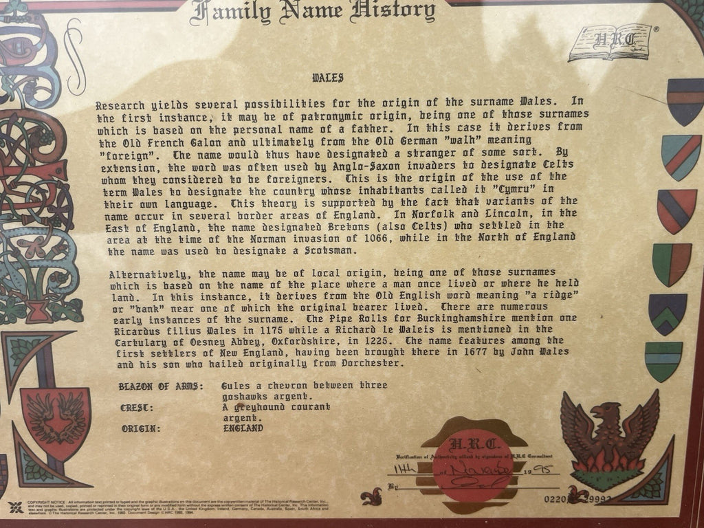 WalesFamily Name History The Historical Research Center Framed Wales