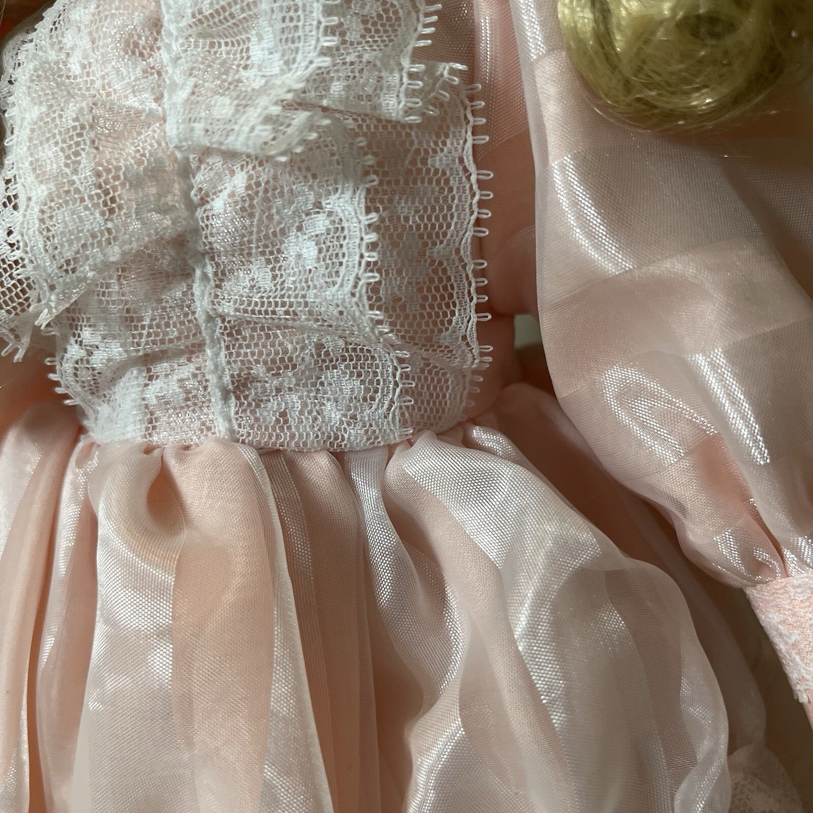 Dynasty doll collection. Porcelain Doll pink Ruffle dress.  17”