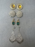 COSTUME jewelry clip on earrings. Green &yellow Stone, Pearl, filigree