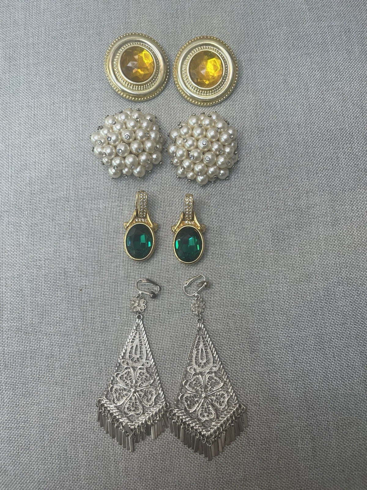 COSTUME jewelry clip on earrings. Green &yellow Stone, Pearl, filigree