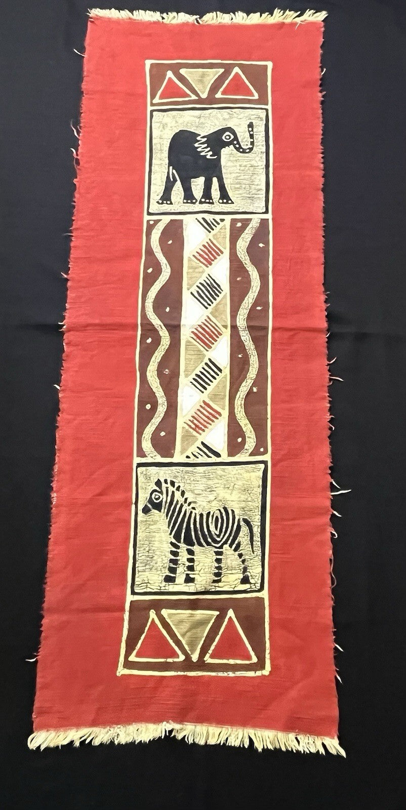 Batik Painted Fabric Ethnic Textile Wall Hanging Runner Fringe Elephant & Zebra