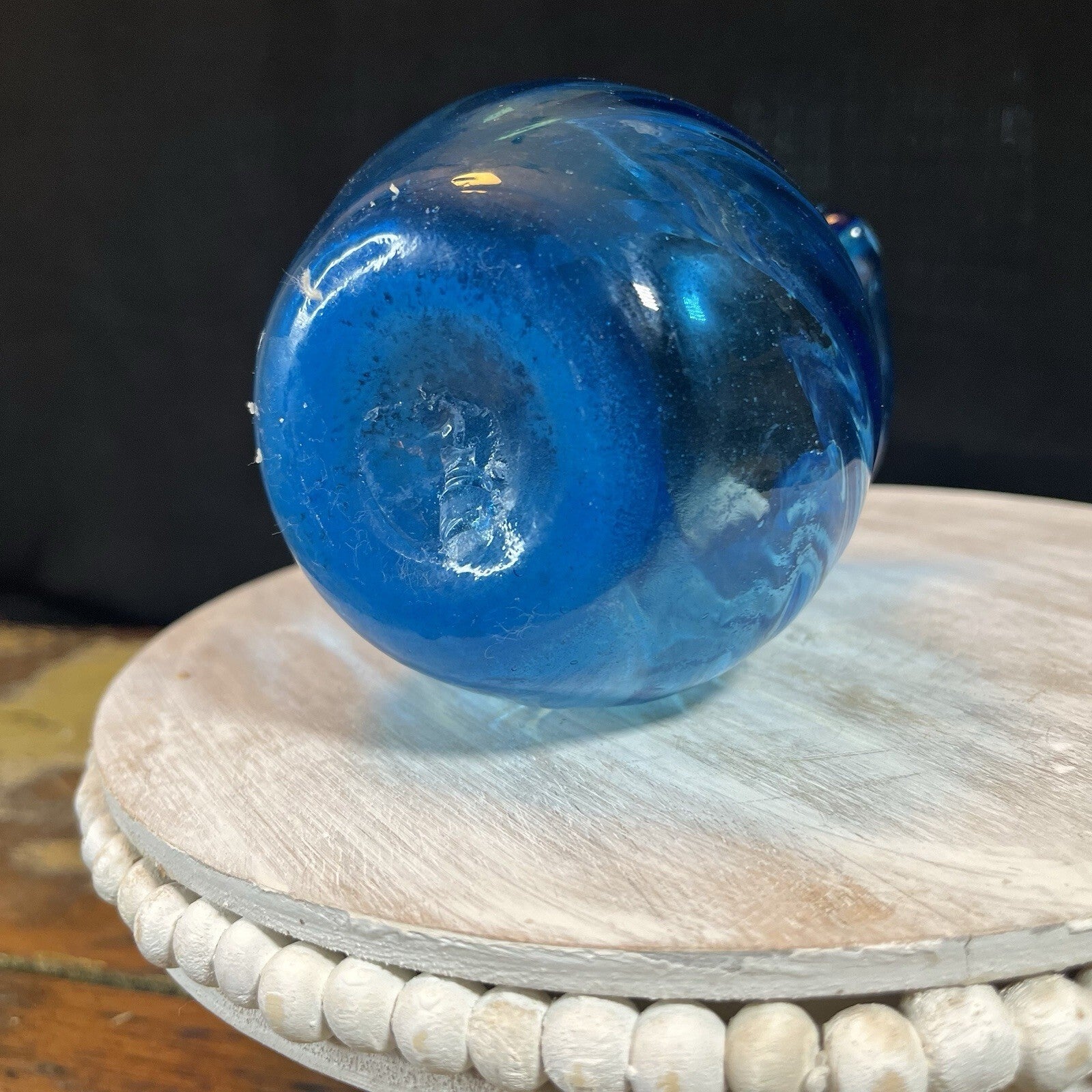 Vintage Cobalt Blue Pitcher Vase Hand Blown  Glass c1950's Small 5”