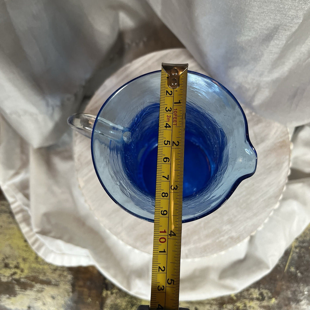 Vintage Blue Crackle Glass Small Pitcher Vase Hand Blown w/ Applied Handle