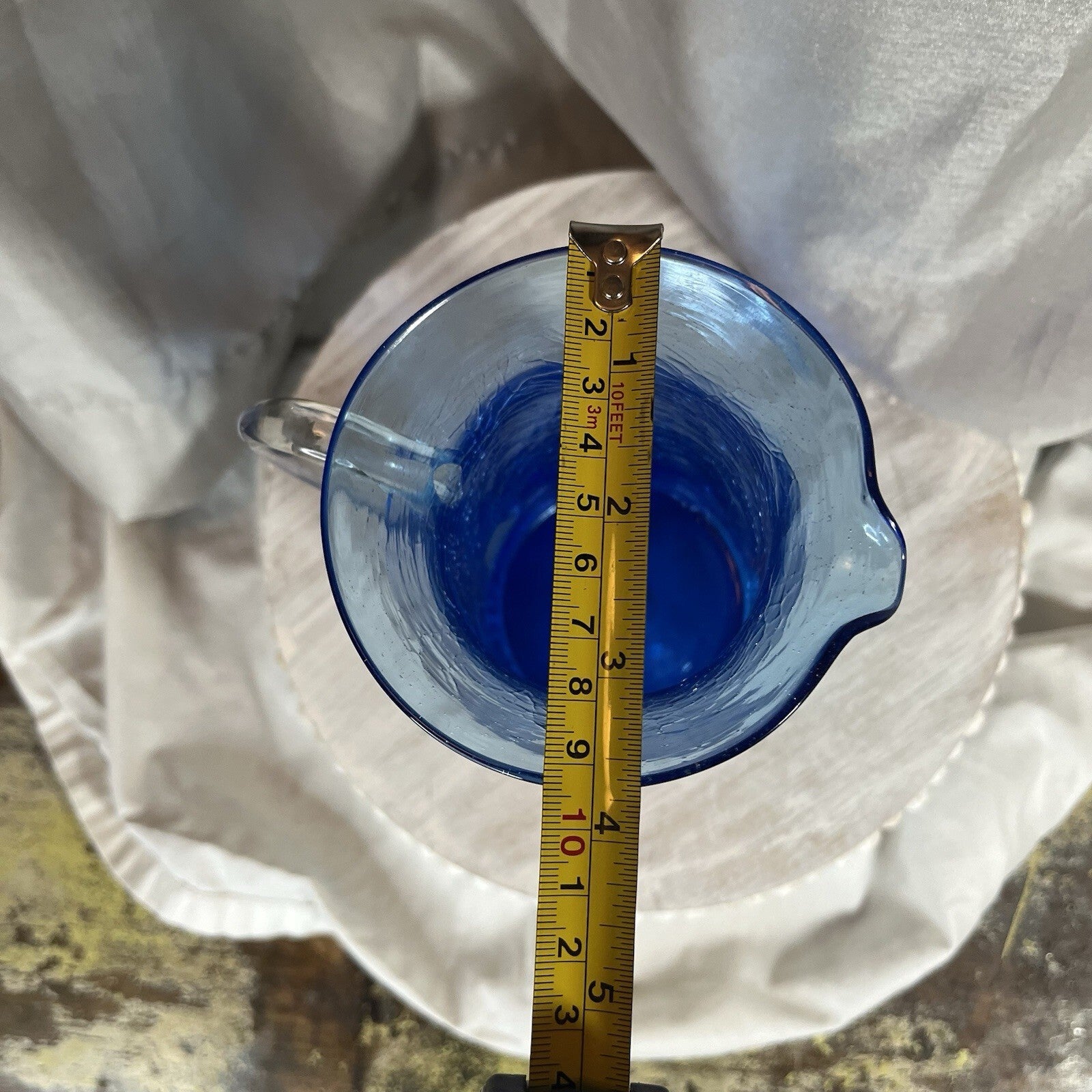 Vintage Blue Crackle Glass Small Pitcher Vase Hand Blown w/ Applied Handle