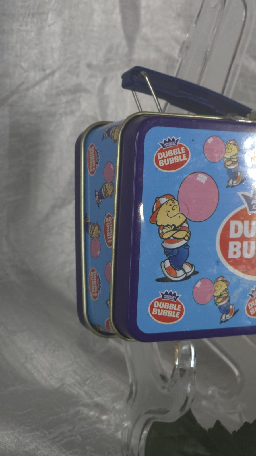 VTG Blue Mini Dubble Bubble Gum Logo Tin Metal Lunch Box Gold Interior  ✔