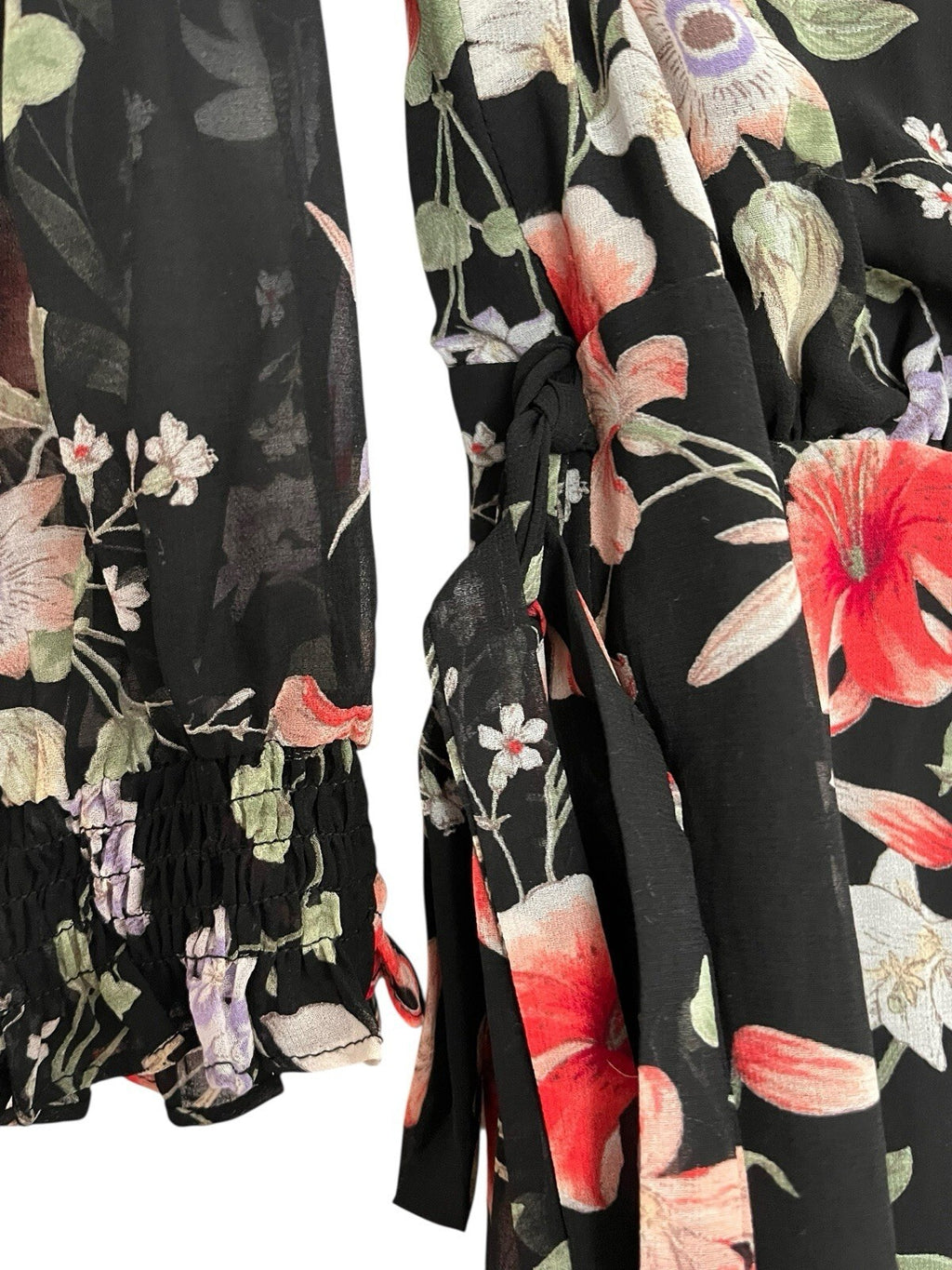 Lulus Awakened Black Floral Print Chiffon Maxi Wrap Dress.  Size Large