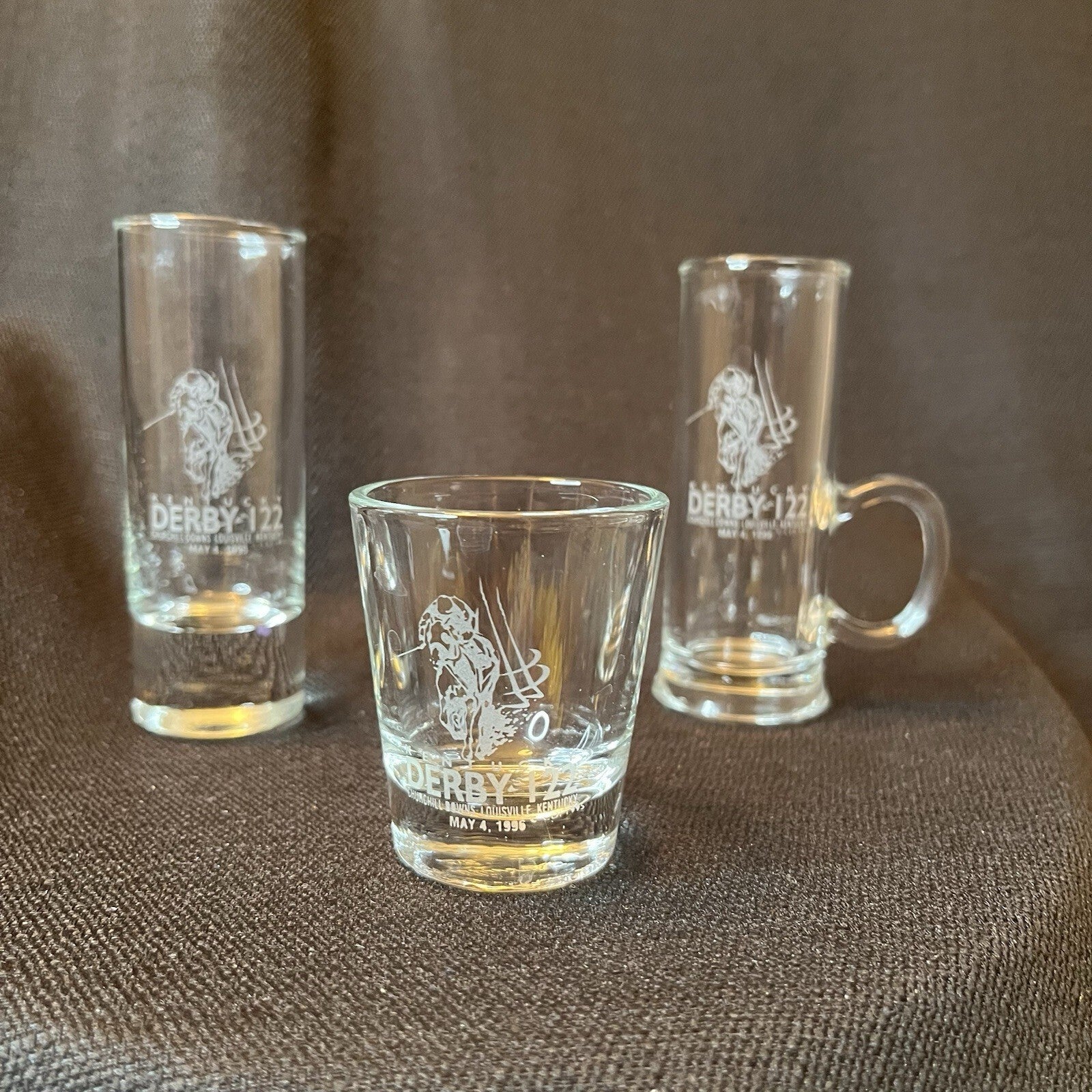 Set of three Kentucky Derby glasses, Different Styles. 1996 122nd Running, 5/4/96