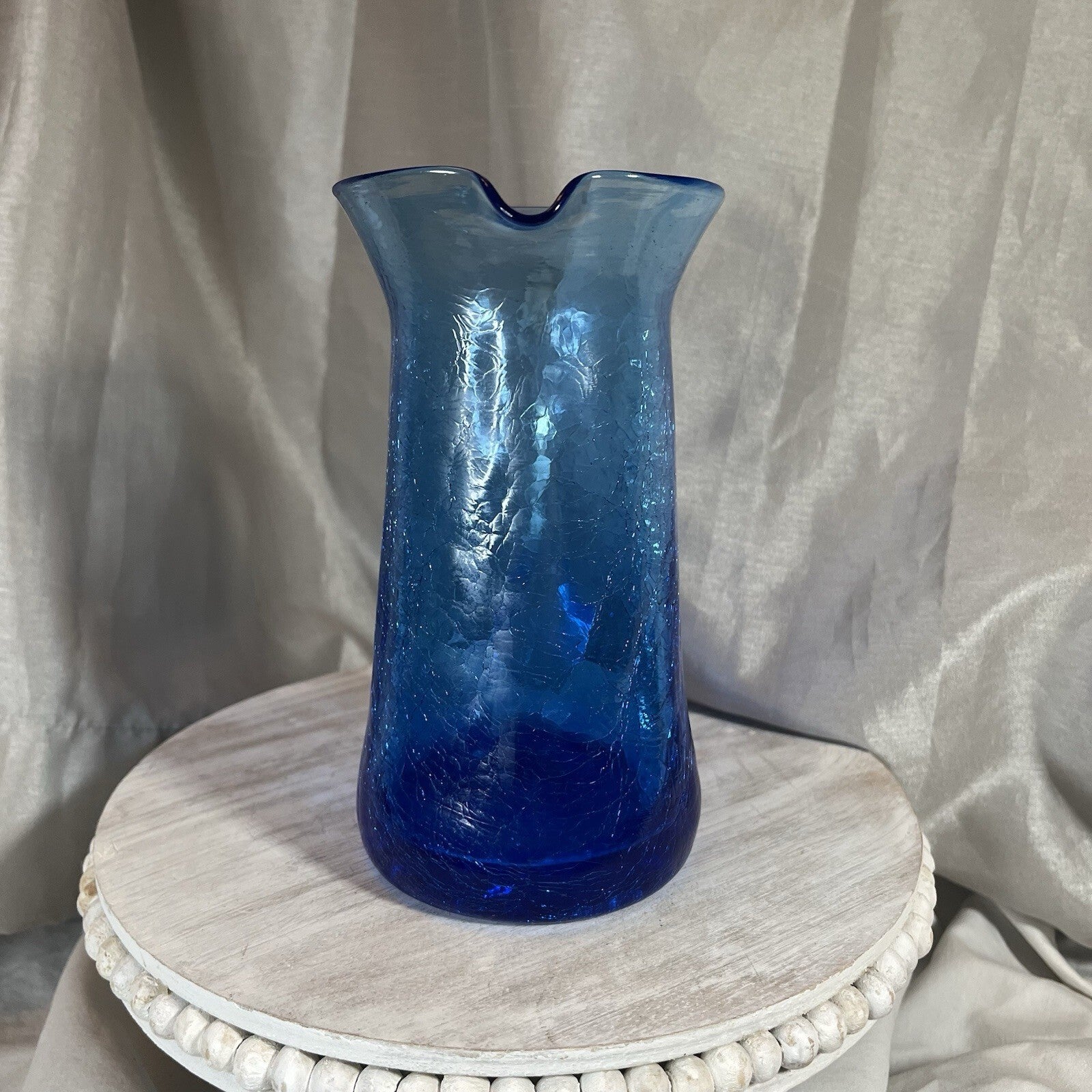 Vintage Blue Crackle Glass Small Pitcher Vase Hand Blown w/ Applied Handle