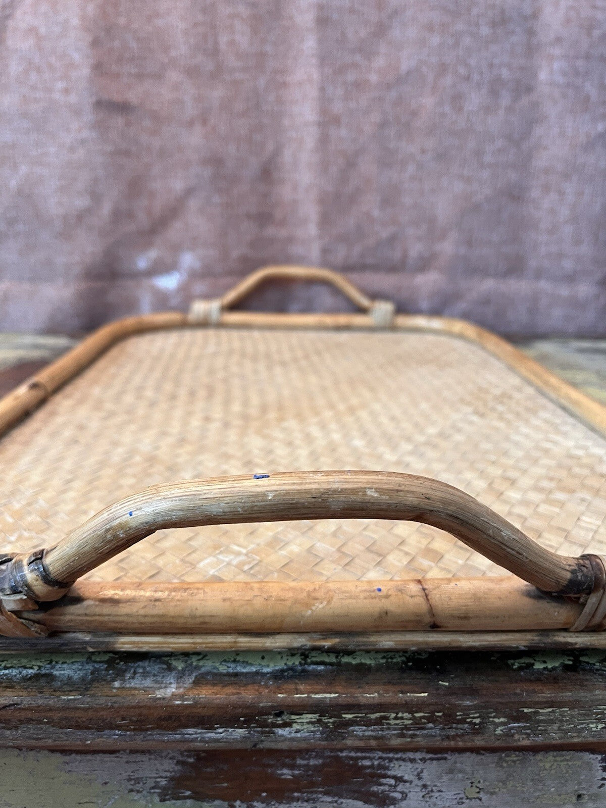 Vintage square cane and wicker serving tray with handles circa 1970s Rattan
