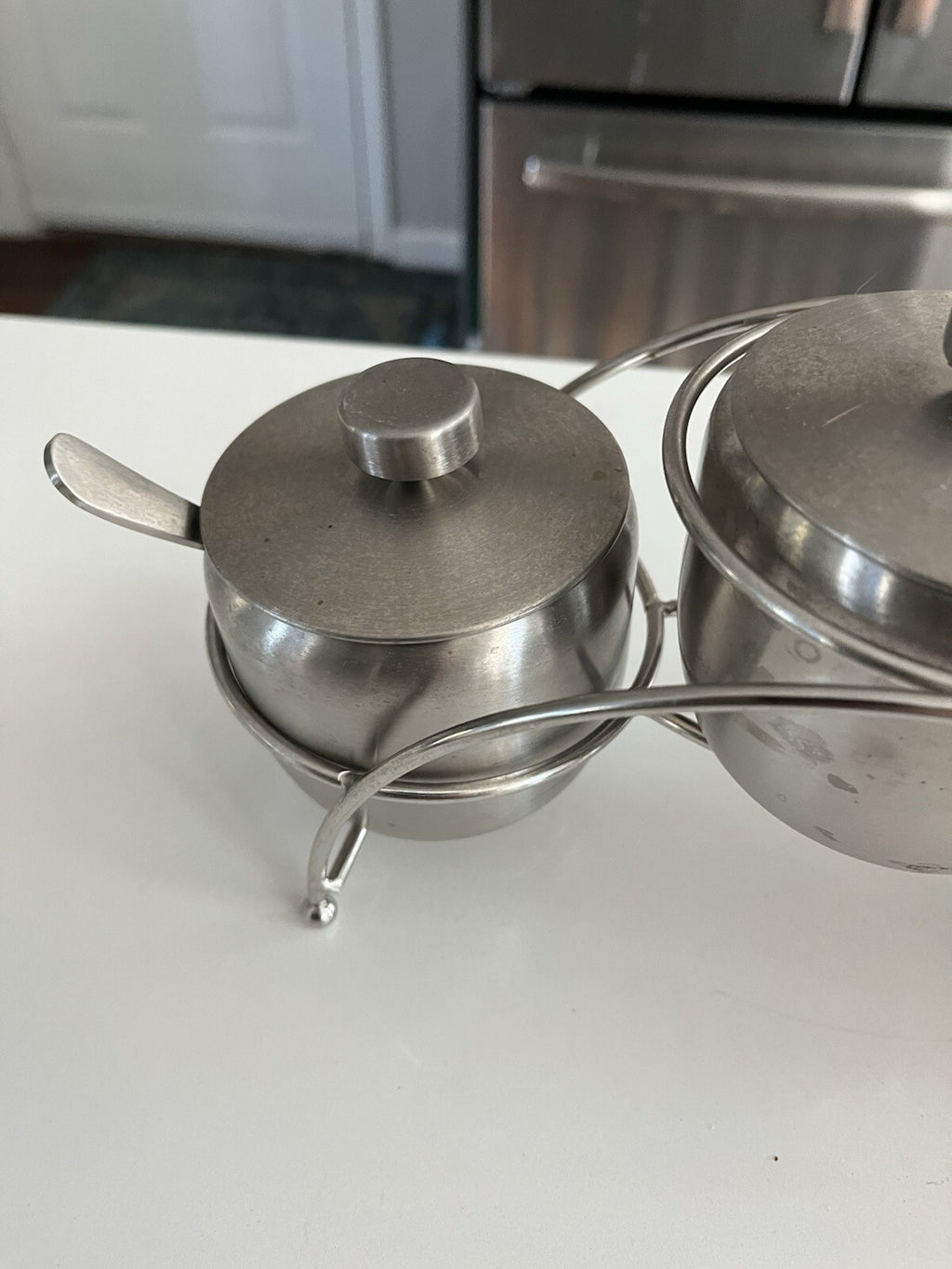 Condiment Serving Bowls with Lids and Spoons". Stainless Steel