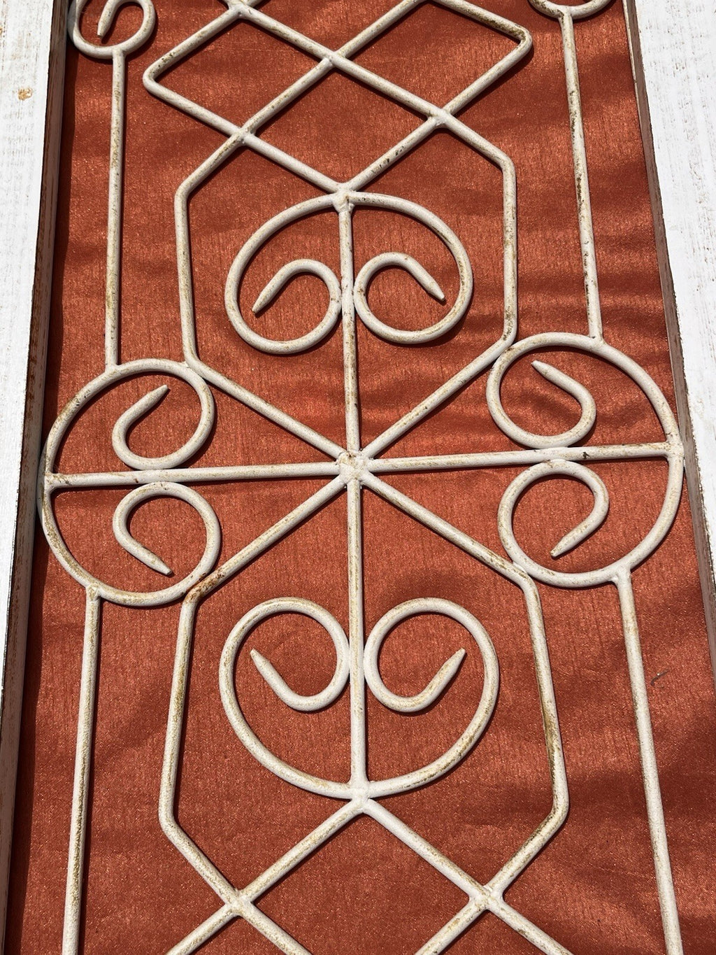 white wrought iron scrollwork wall art panel framed. 12x22