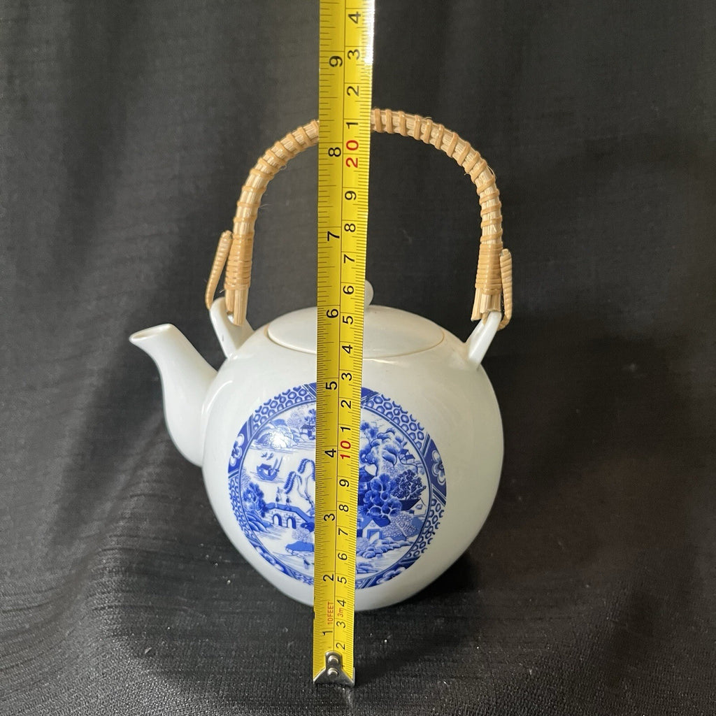 Japanese Porcelain Teapot Chinoiserie Blue Rattan Handle Cottage  Farm House 6.5