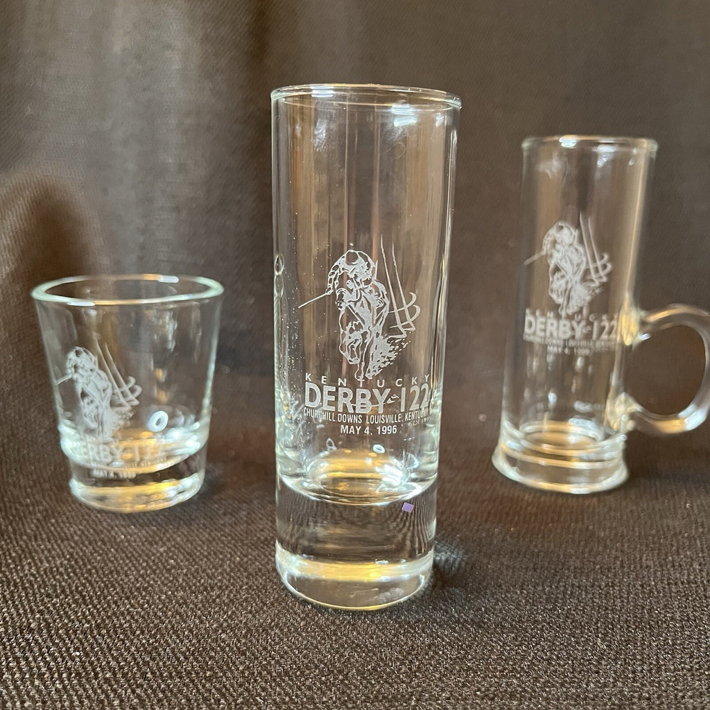 Set of three Kentucky Derby glasses, Different Styles. 1996 122nd Running, 5/4/96