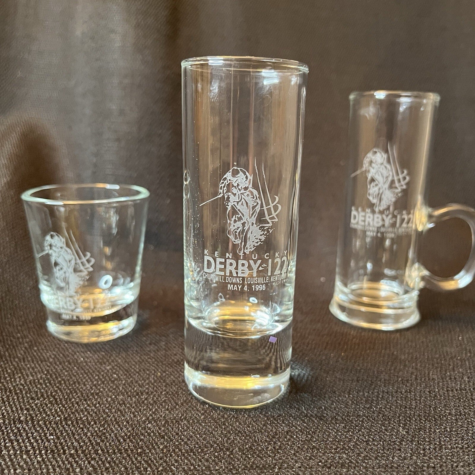 Set of three Kentucky Derby glasses, Different Styles. 1996 122nd Running, 5/4/96