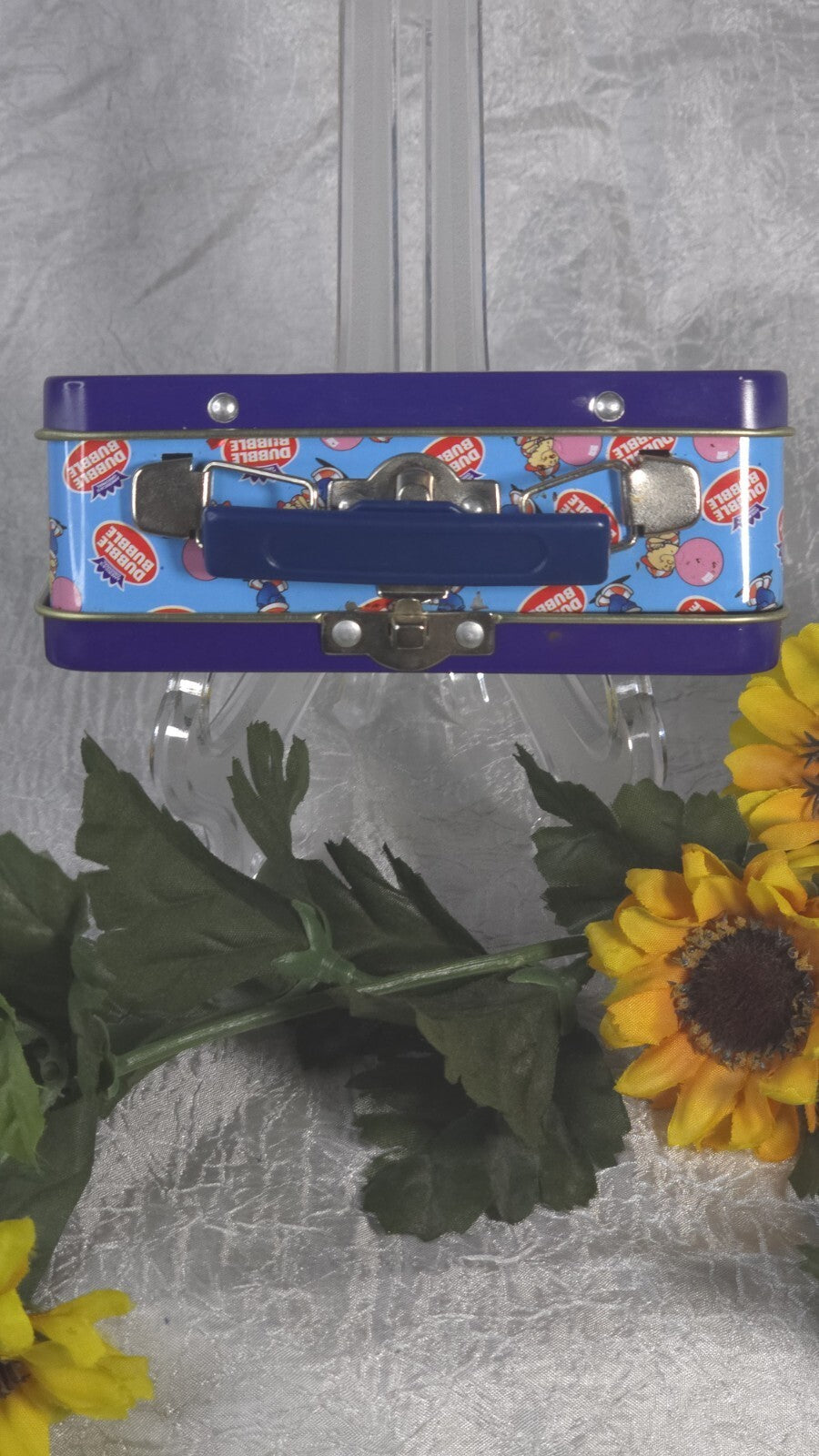 VTG Blue Mini Dubble Bubble Gum Logo Tin Metal Lunch Box Gold Interior  ✔