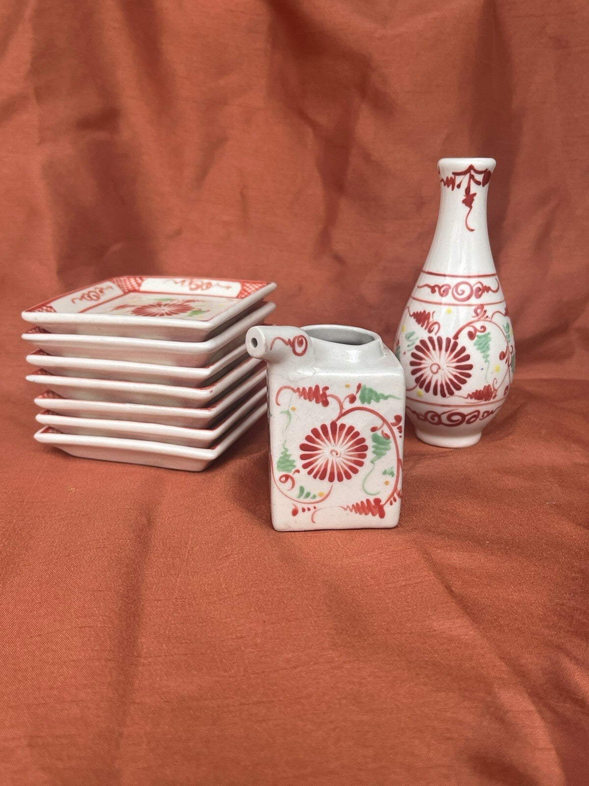 hand-painted Red And Green ceramic condiment set. Sake Bottle, Soy Sauce Server