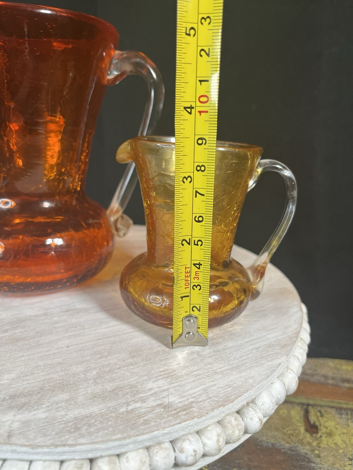 Vintage Ruby Red Crackle Glass Pitcher with Amber Handle Blenko