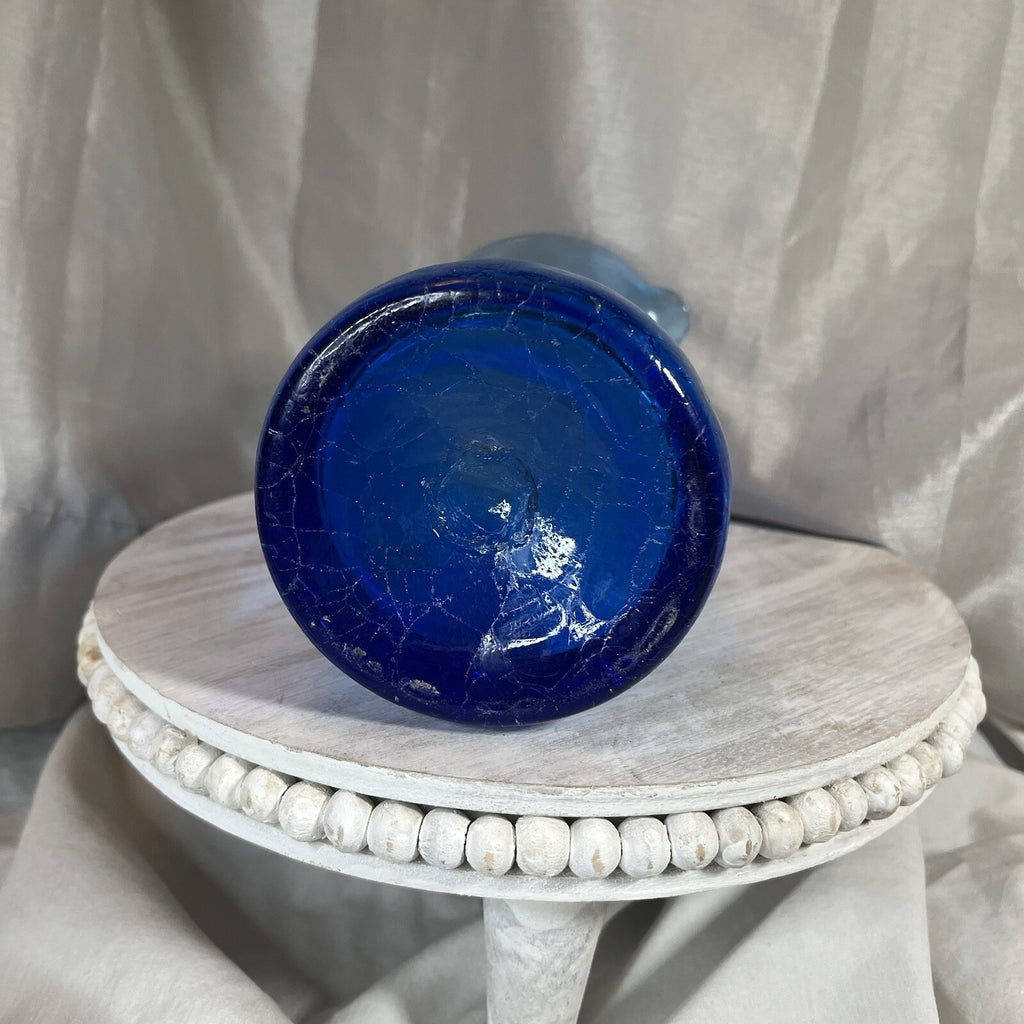 Vintage Blue Crackle Glass Small Pitcher Vase Hand Blown w/ Applied Handle