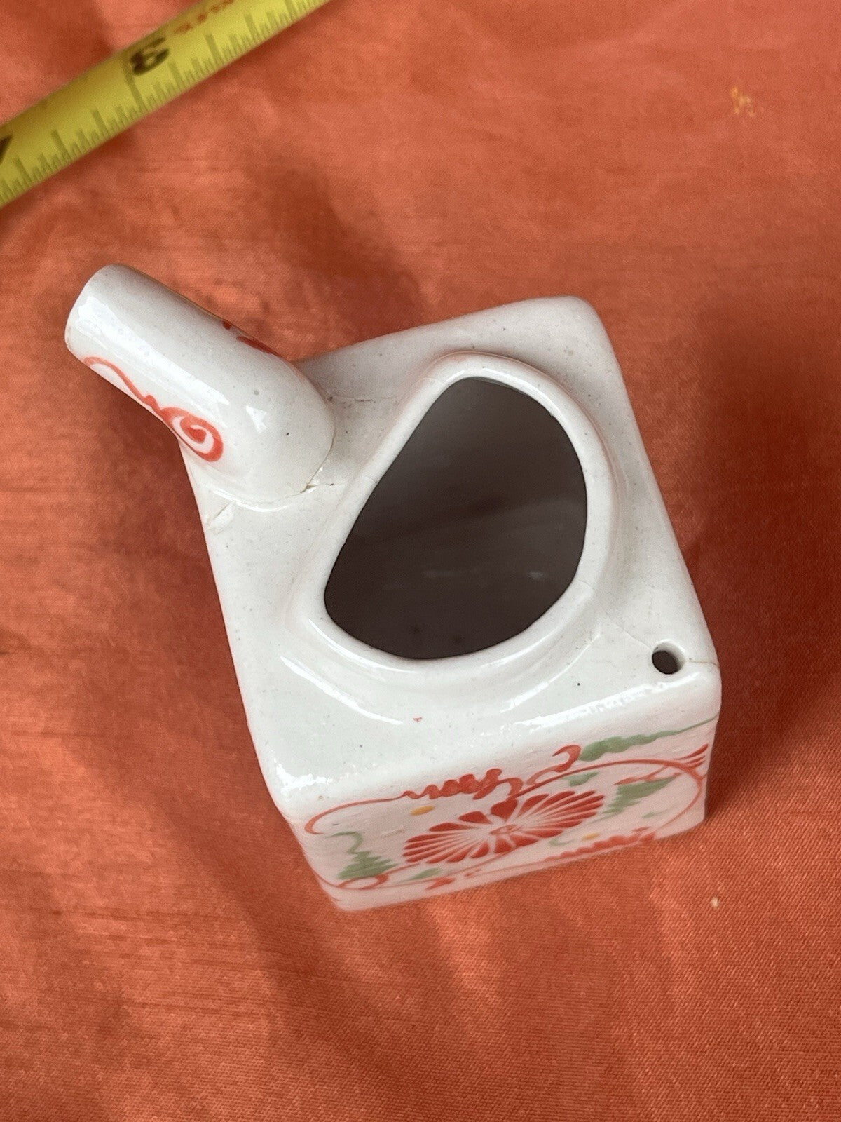 hand-painted Red And Green ceramic condiment set. Sake Bottle, Soy Sauce Server